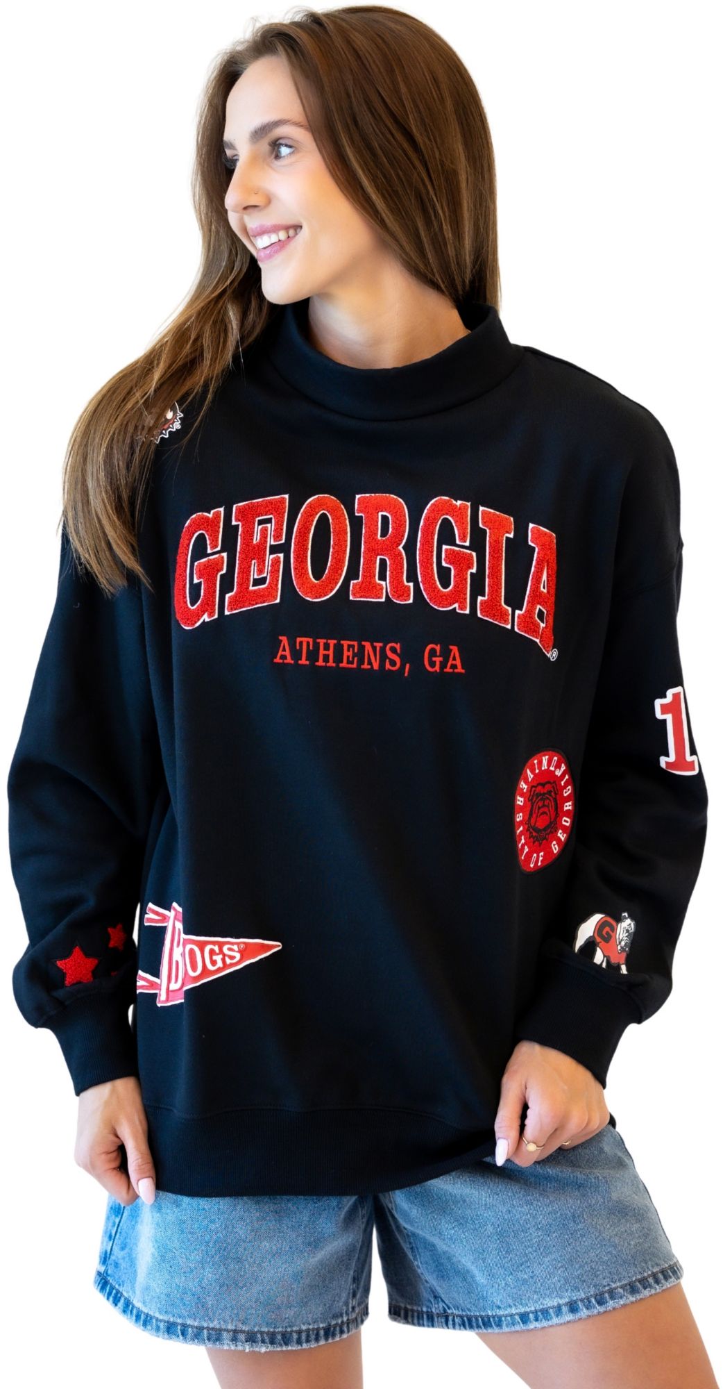 Game Day Social Women's Georgia Bulldogs Black All Over Print Crewneck Sweatshirt