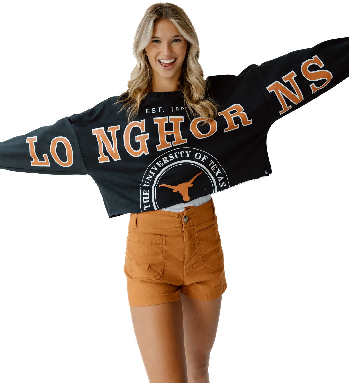 Gameday Social Women's Texas Longhorns Black Split Cropped Crewneck Sweatshirt