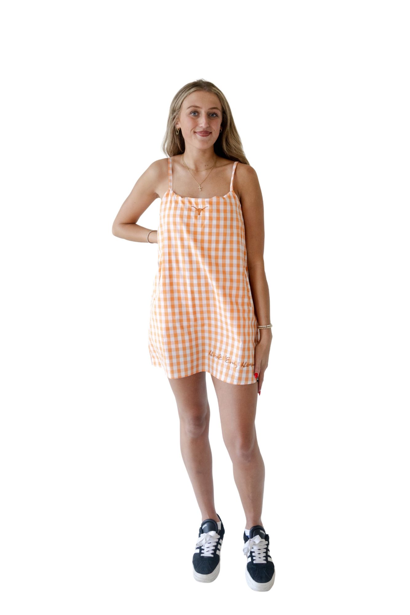 Gameday Social Women's Texas Longhorns Burnt Orange and White SEC Saturday Gingham Romper