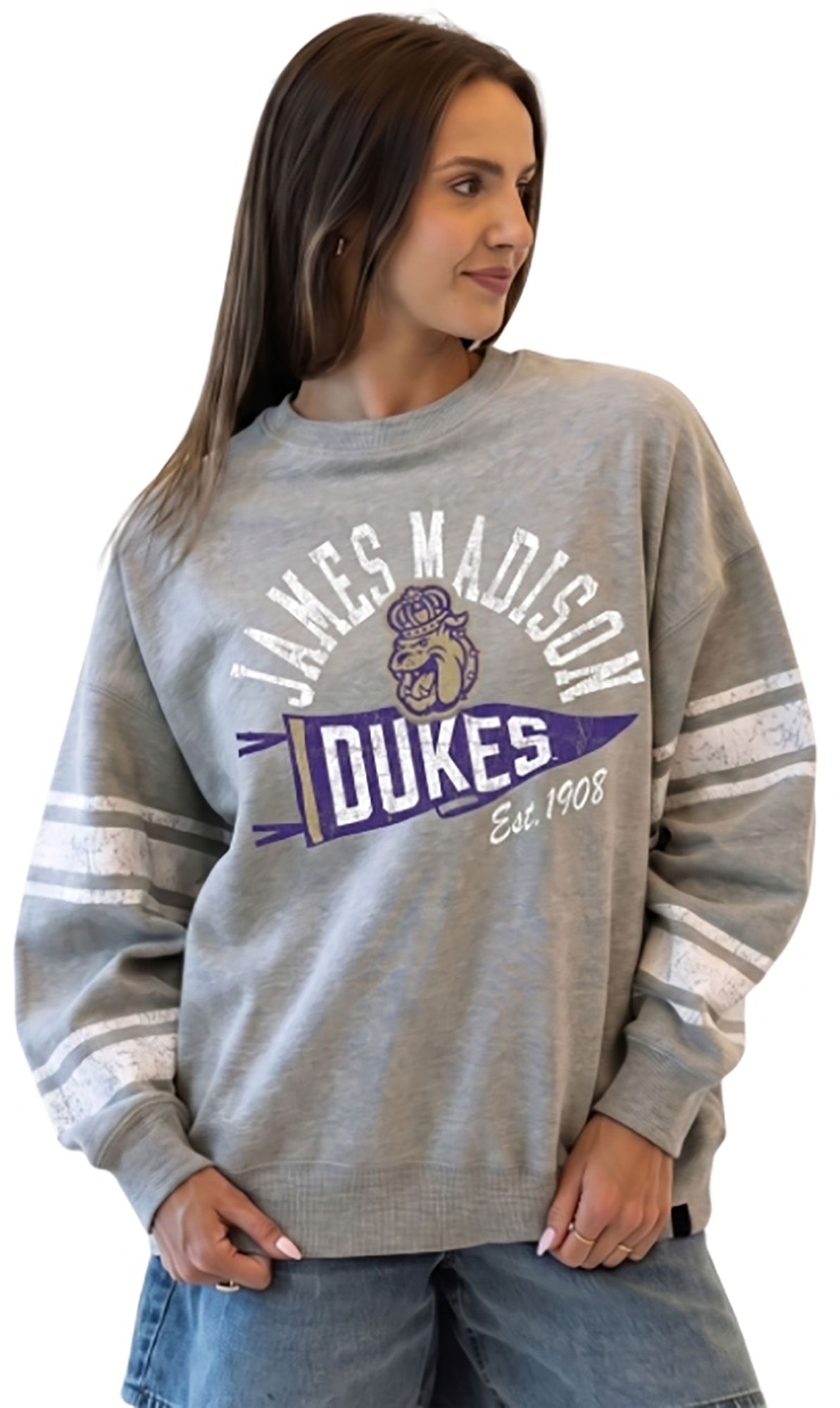Gameday Social Women's James Madison Dukes Heather Gray Stillson Crewneck Sweatshirt