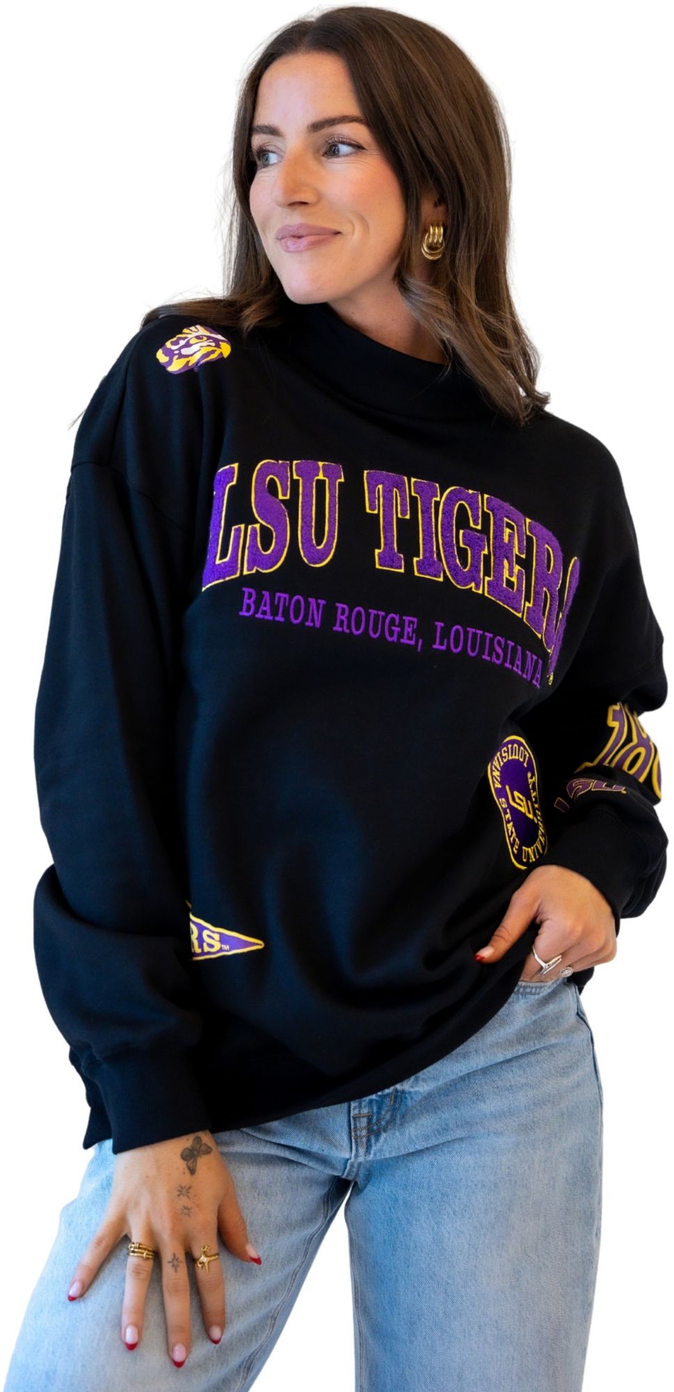 Gameday Social Women's LSU Tigers Black All Over Print Crewneck Sweatshirt