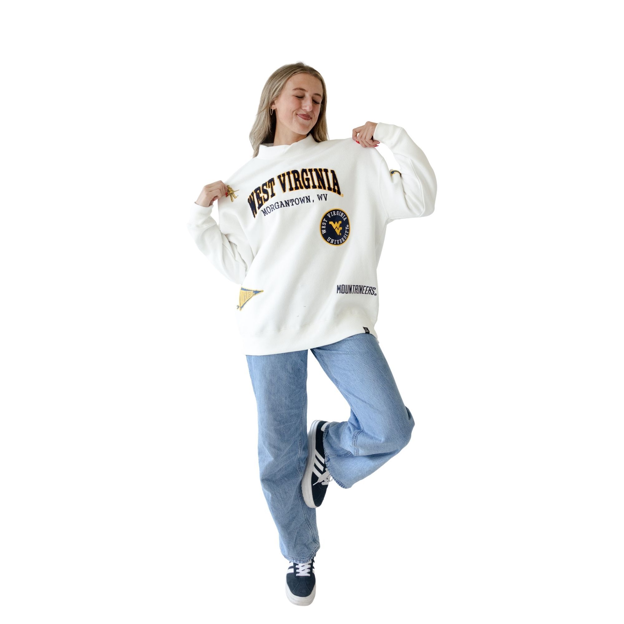 Gameday Social Women's West Virginia Mountaineers White All Over Scatter Crewneck Sweatshirt