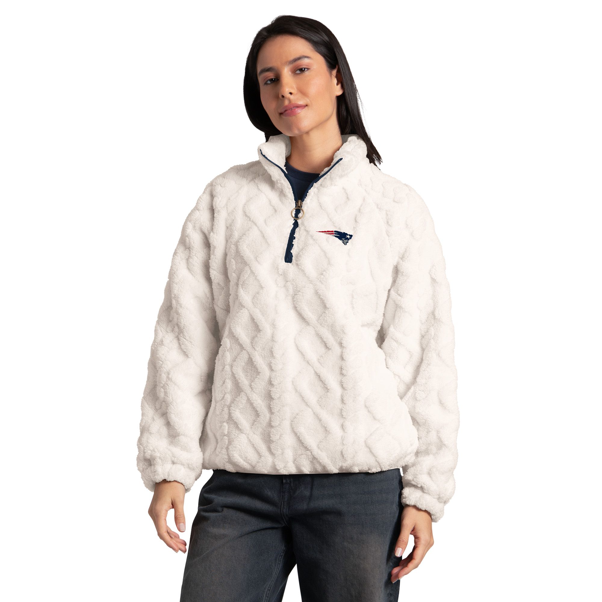 G-III Women's New England Patriots Beige Cheer Sherpa 1/2 Zip Jacket