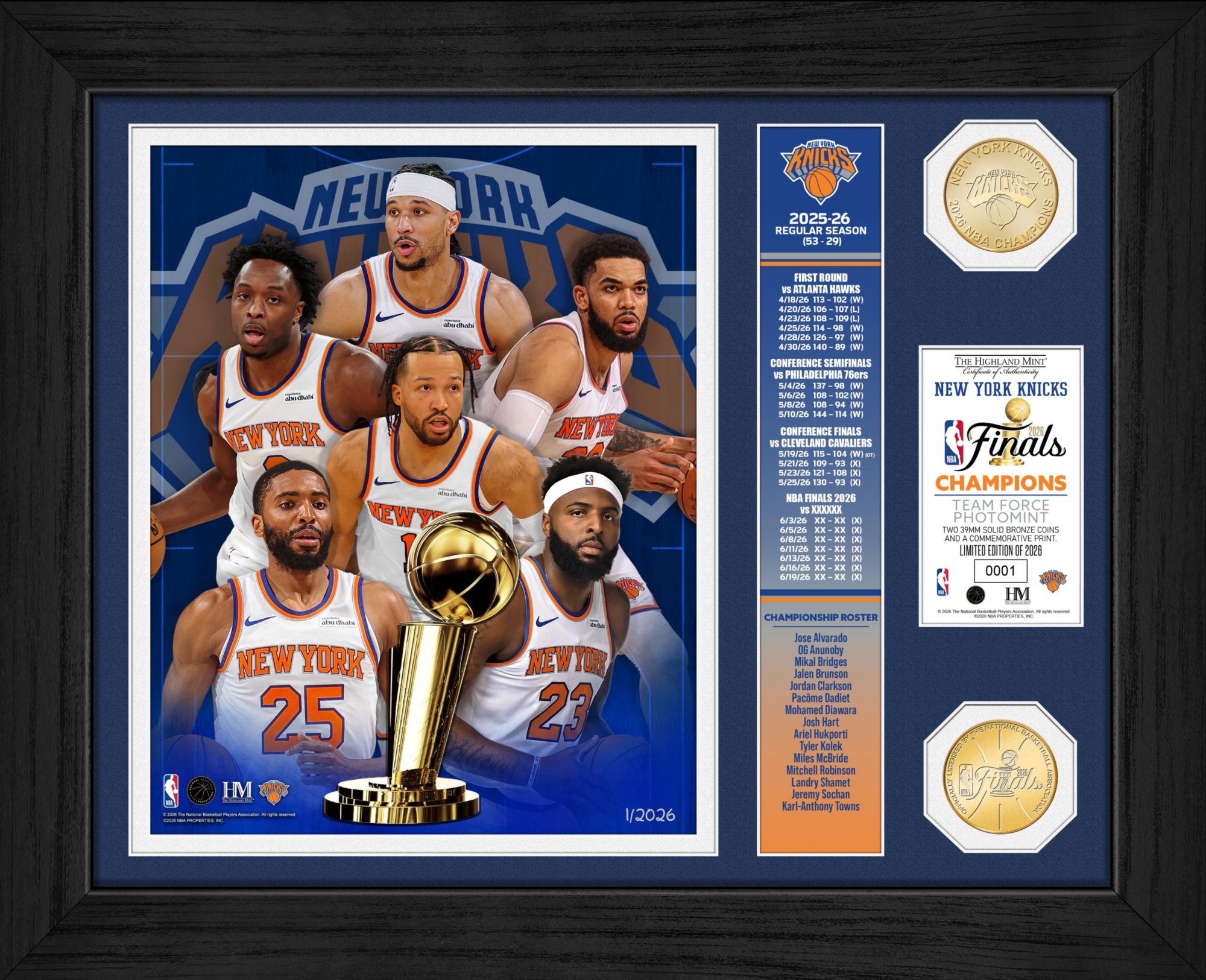 Highland Mint 2026 NBA Champions New York Knicks Team Force Frame