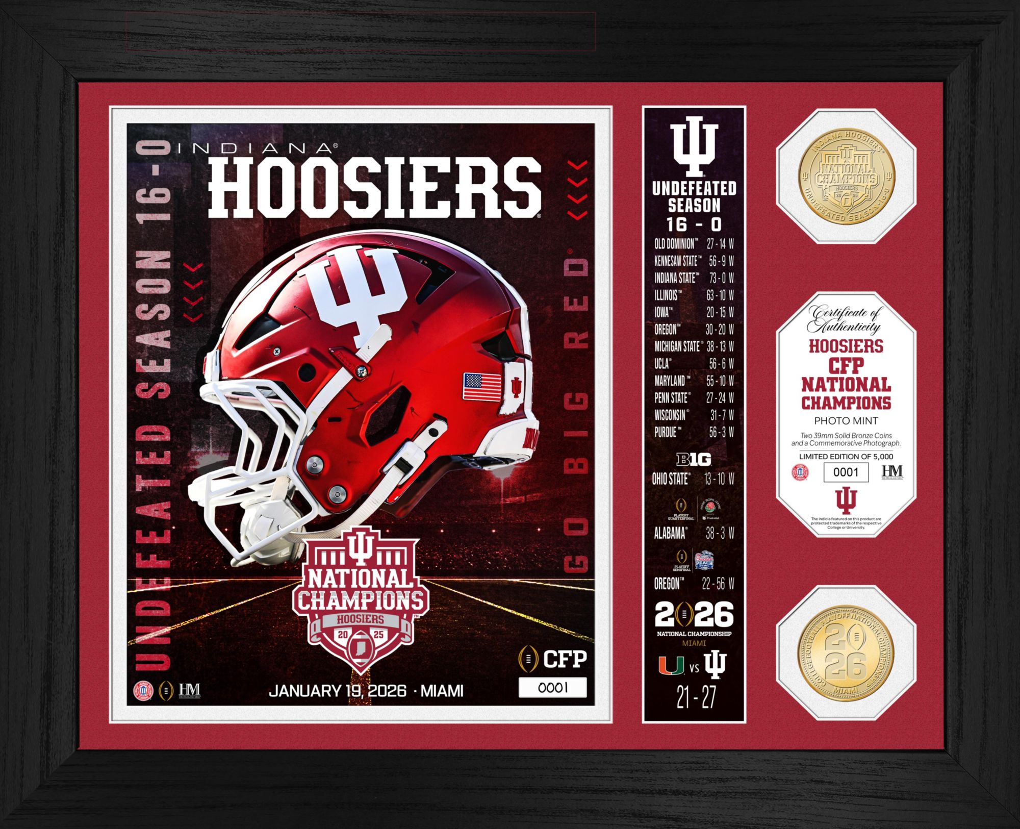 Highland Mint Indiana Hoosiers 2025-26 CFP National Champions Banner Photo and Coin Frame