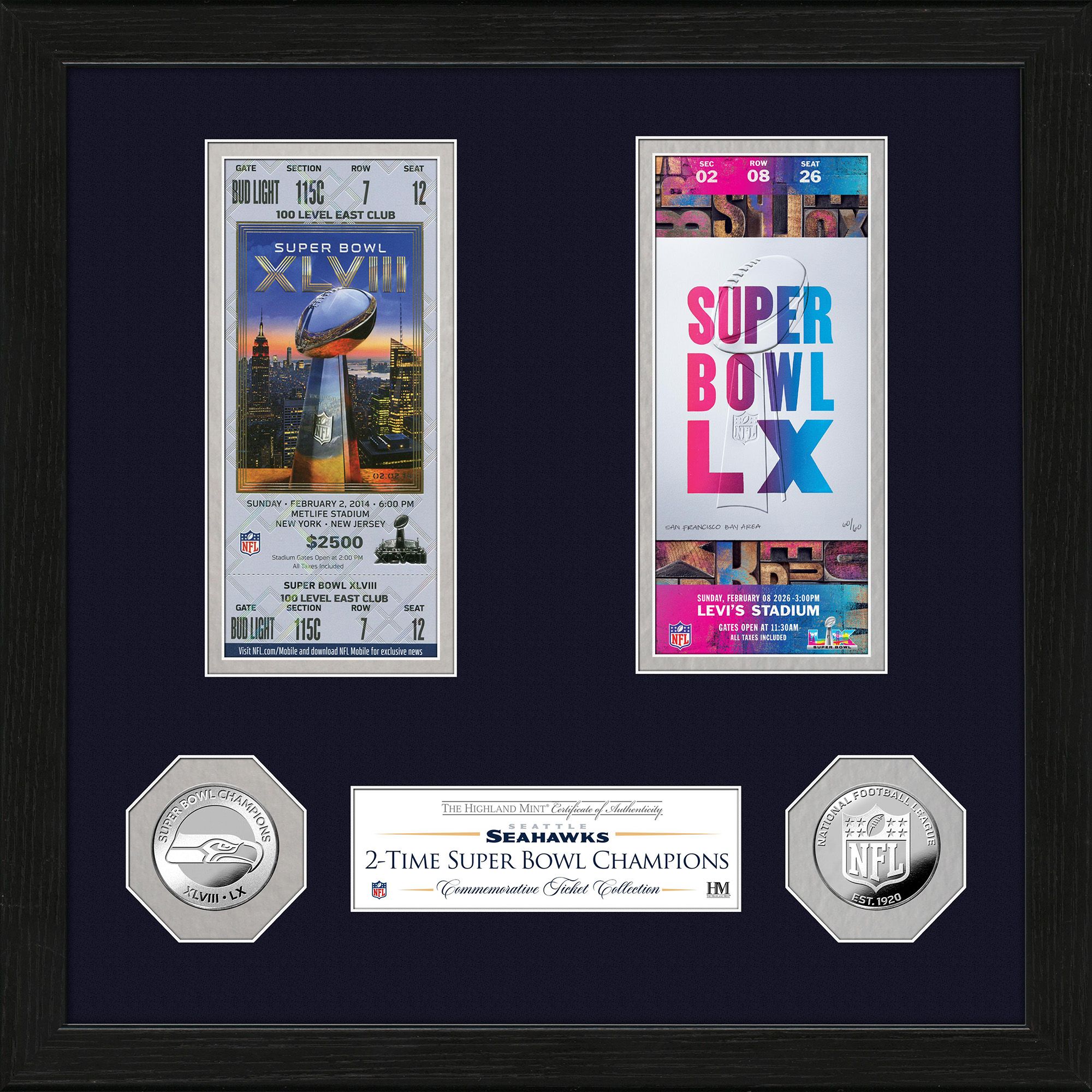 Highland Mint 2025-26 Super Bowl LX Champions Seattle Seahawks 2-Times Super Bowl Champions Framed Ticket