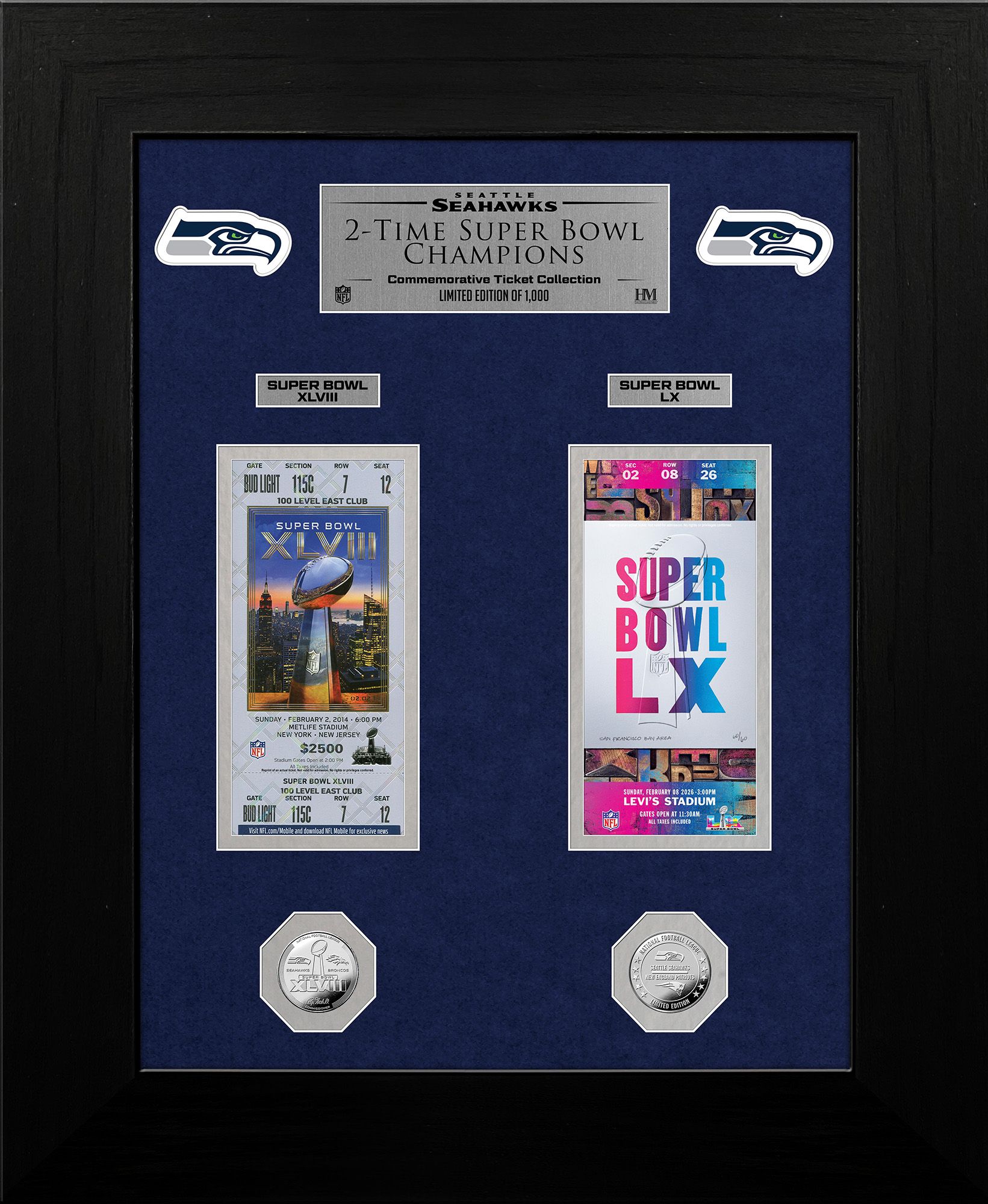 Highland Mint 2025-26 Super Bowl LX Champions Seattle Seahawks Deluxe 2-Times Super Bowl Champions Framed Ticket
