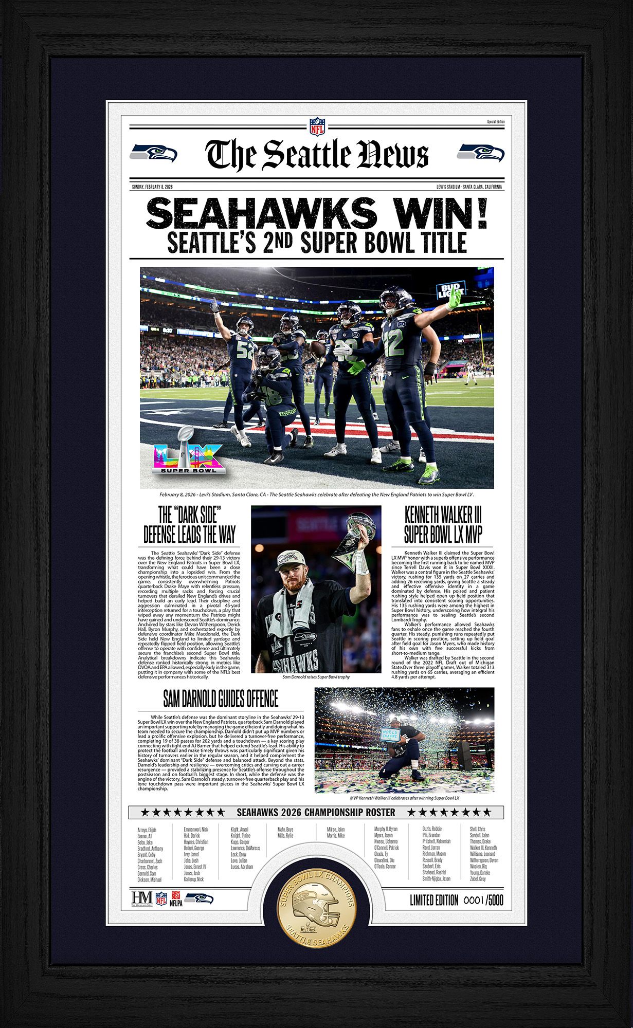 Highland Mint 2025-26 Super Bowl LX Champions Seattle Seahawks Front Page News Bronze Coin Photo Mint