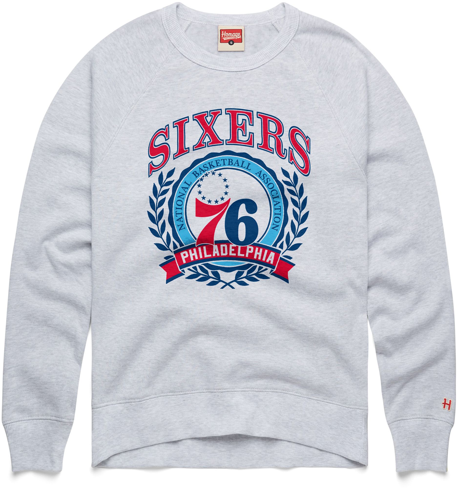 HOMAGE Men's Philadelphia 76ers Ash Crest Emblem Crewneck Sweatshirt