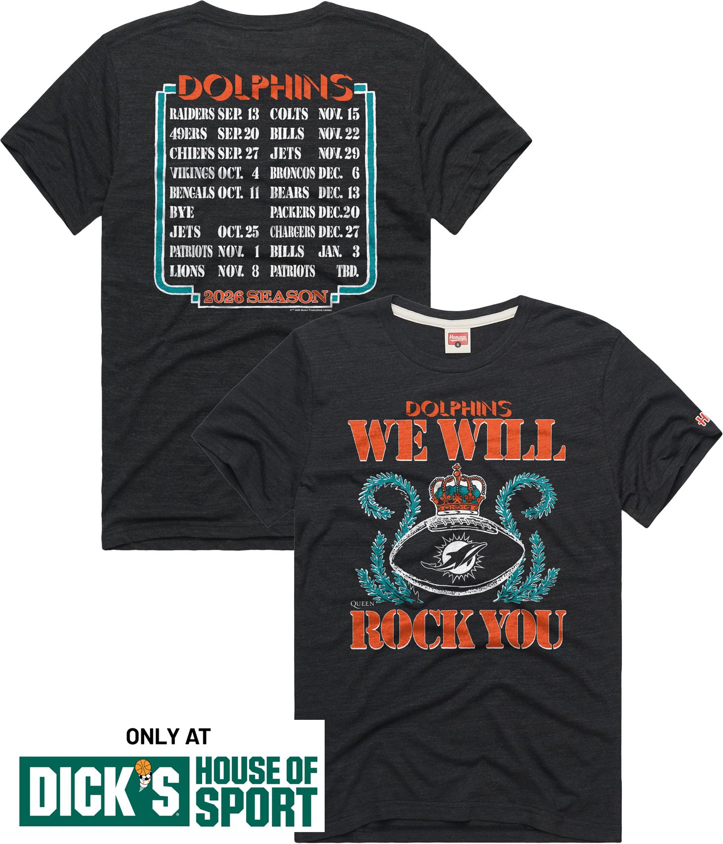 HOMAGE Men's Miami Dolphins Charcoal Queen 2026 Schedule T-Shirt