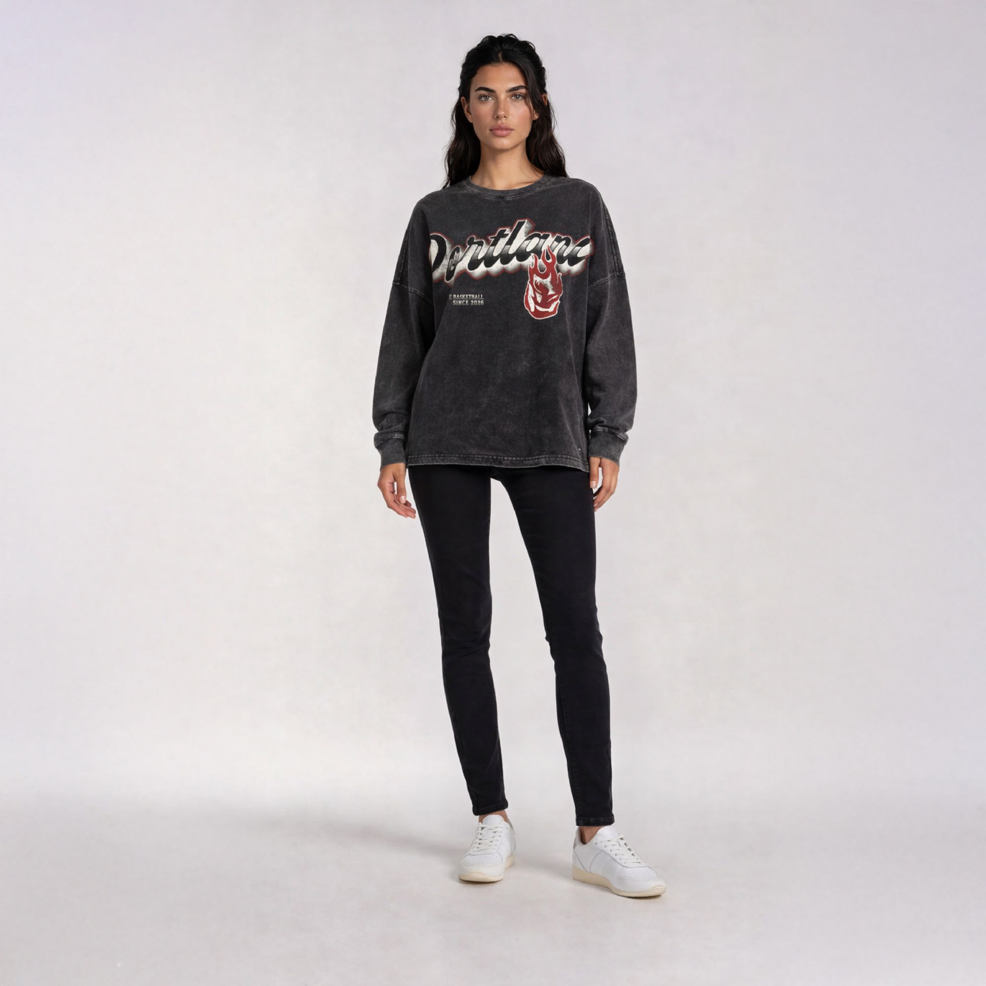 The Wild Collective Adult Portland Fire Black Oversized Long Sleeve Dolman Shirt