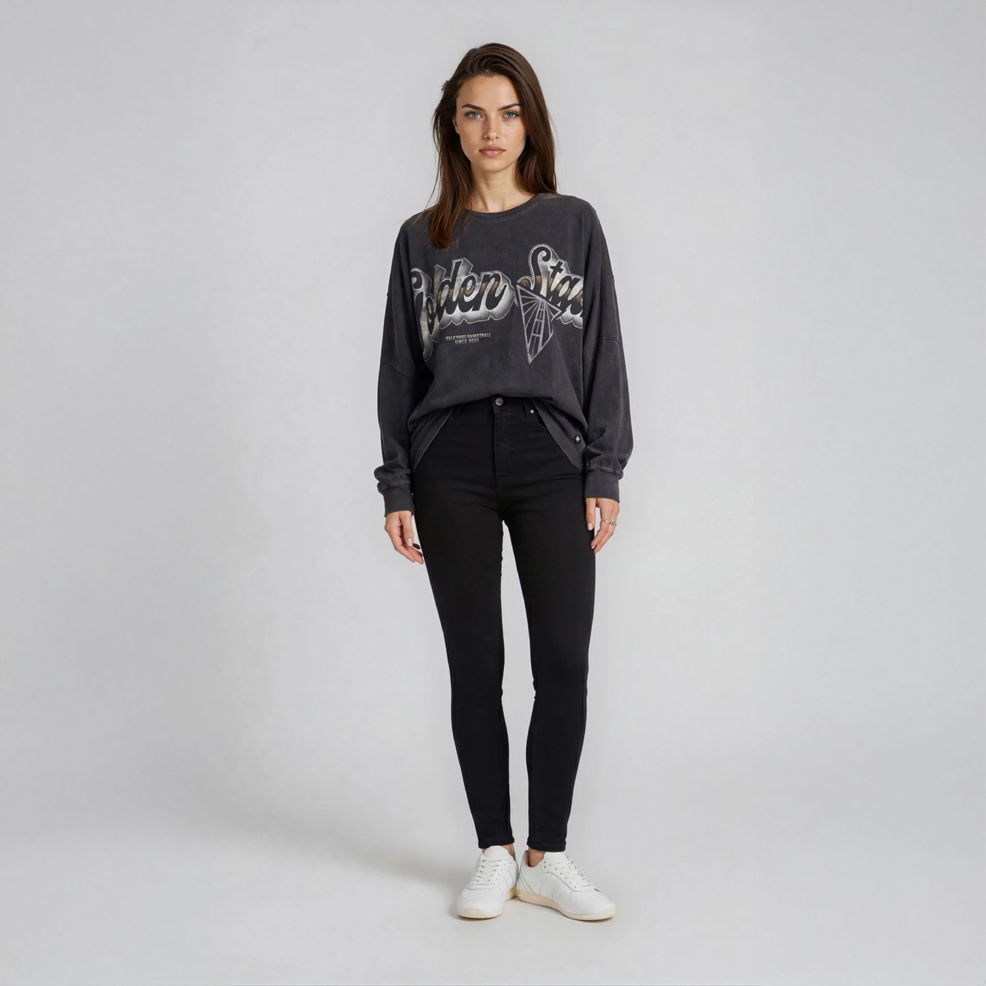 The Wild Collective Adult Golden State Valkyries Black Oversized Long Sleeve Dolman Shirt