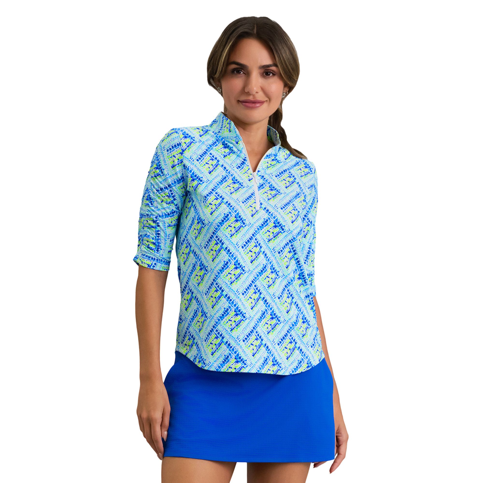 IBKUL Women's Nina Ruched Elbow Sleeve Mandarin Collar ¼ Zip Golf Shirt