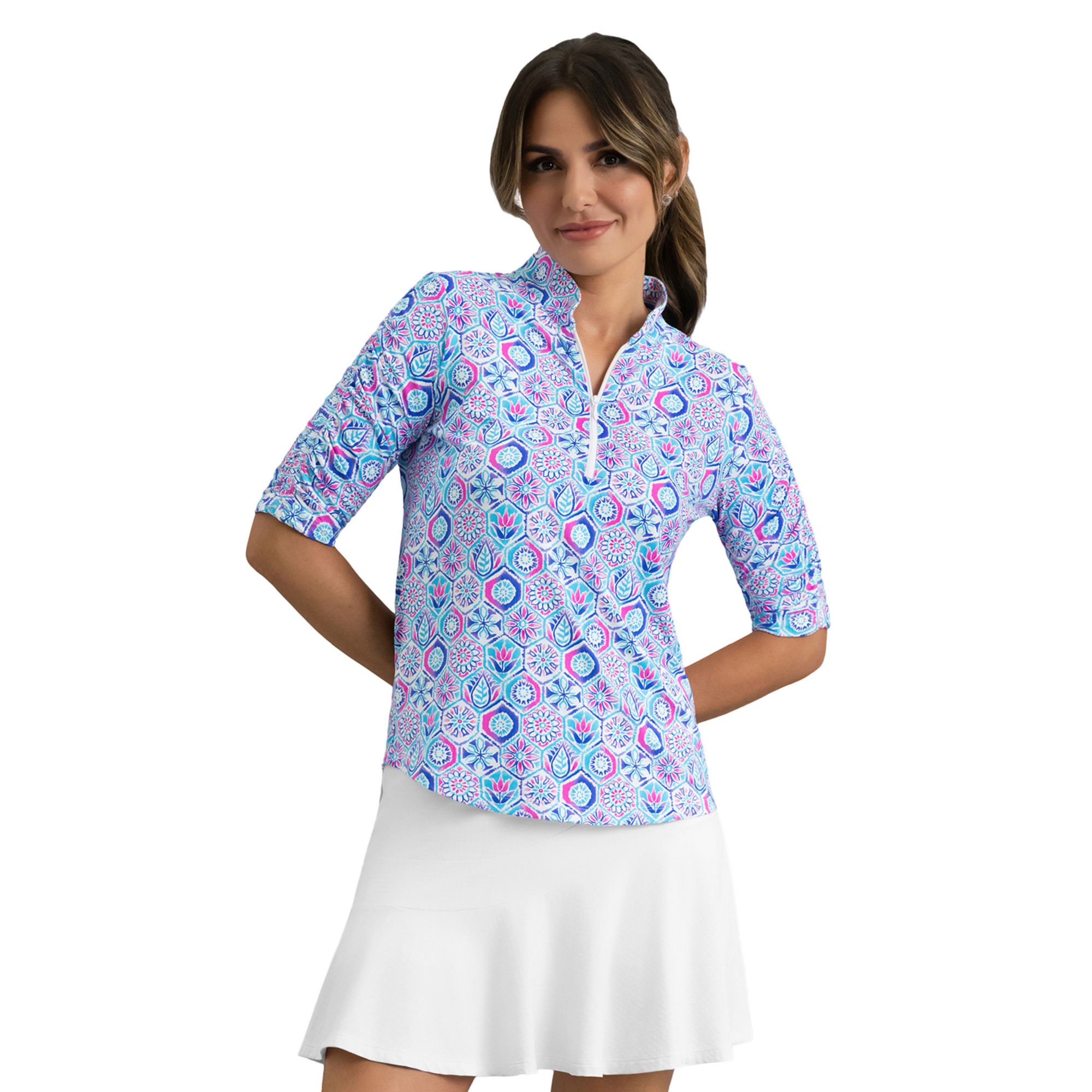 IBKUL Women's Alexis Ruched Elbow Sleeve Mandarin Collar ¼ Zip Golf Shirt