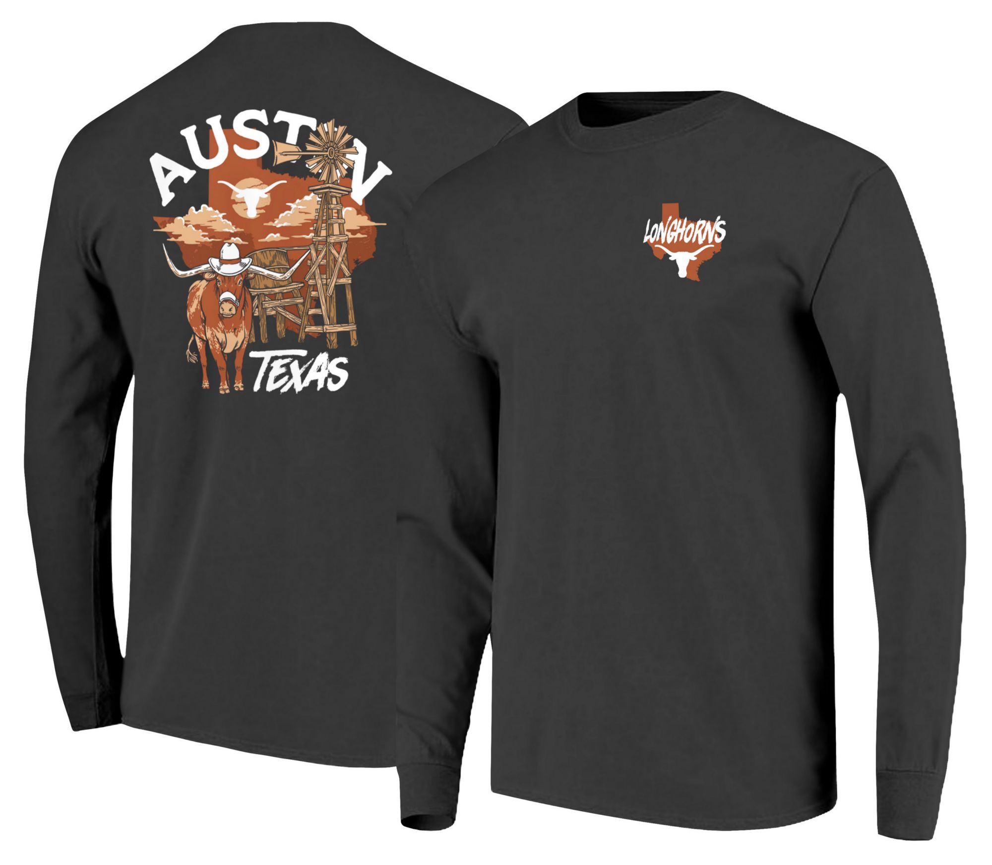 Image One Men's Texas Longhorns Graphite Landscape Mascot Long Sleeve Shirt