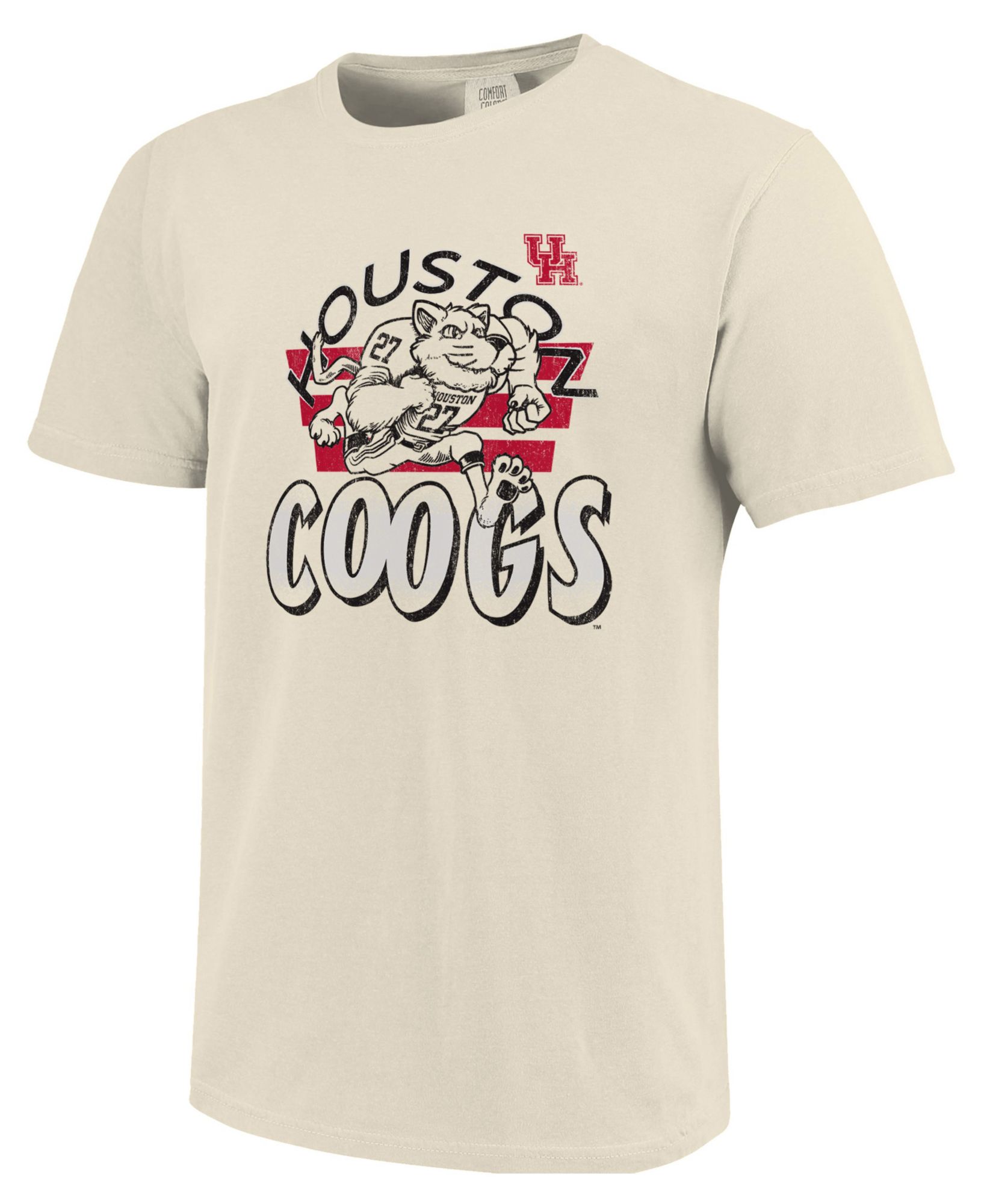 Image One Men's Houston Cougars Ivory Triple Stripe Overlay T-Shirt