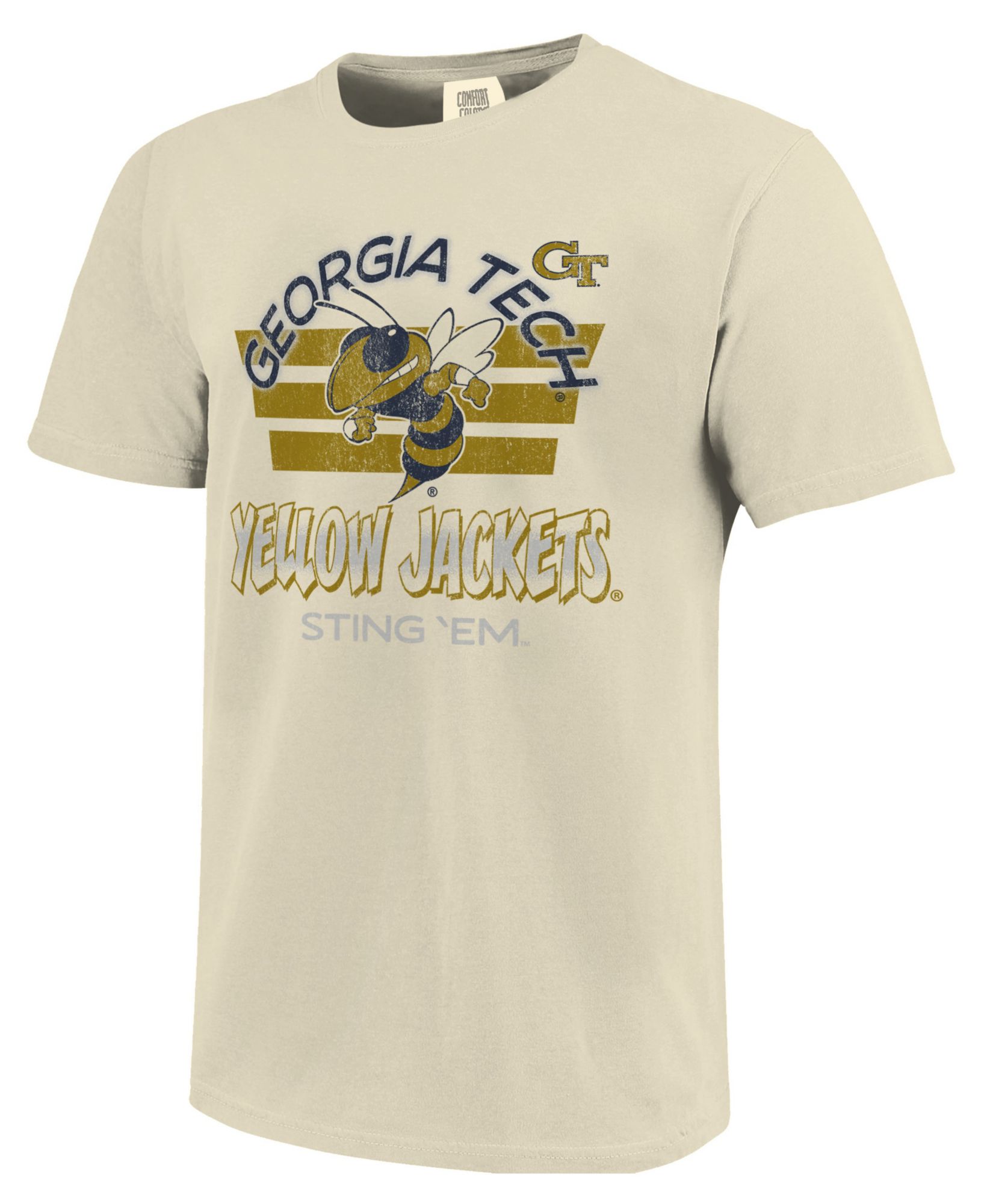 Image One Men's Georgia Tech Yellow Jackets Ivory Triple Stripe Overlay T-Shirt