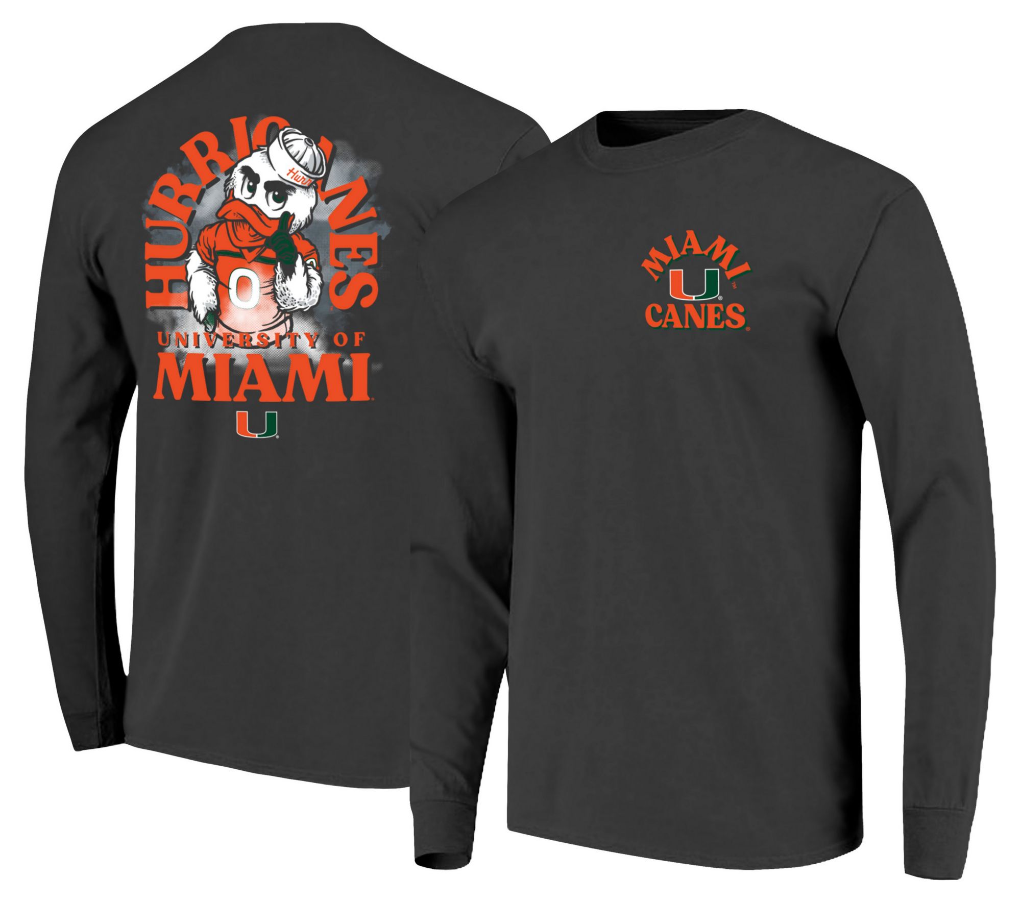 Image One Men's Miami Hurricanes Graphite Mascot Long Sleeve Shirt