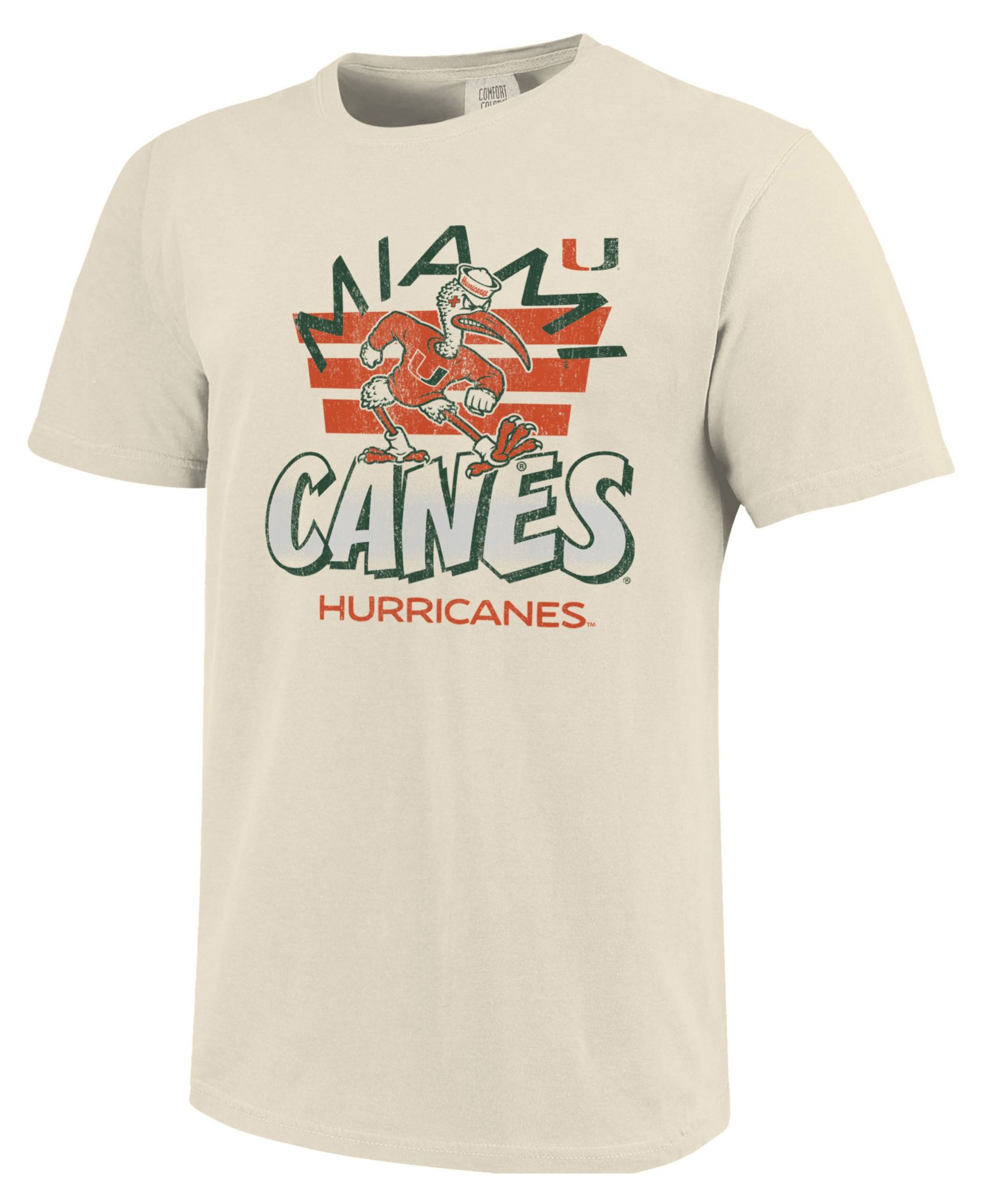 Image One Men's Miami Hurricanes Ivory Triple Stripe Overlay T-Shirt