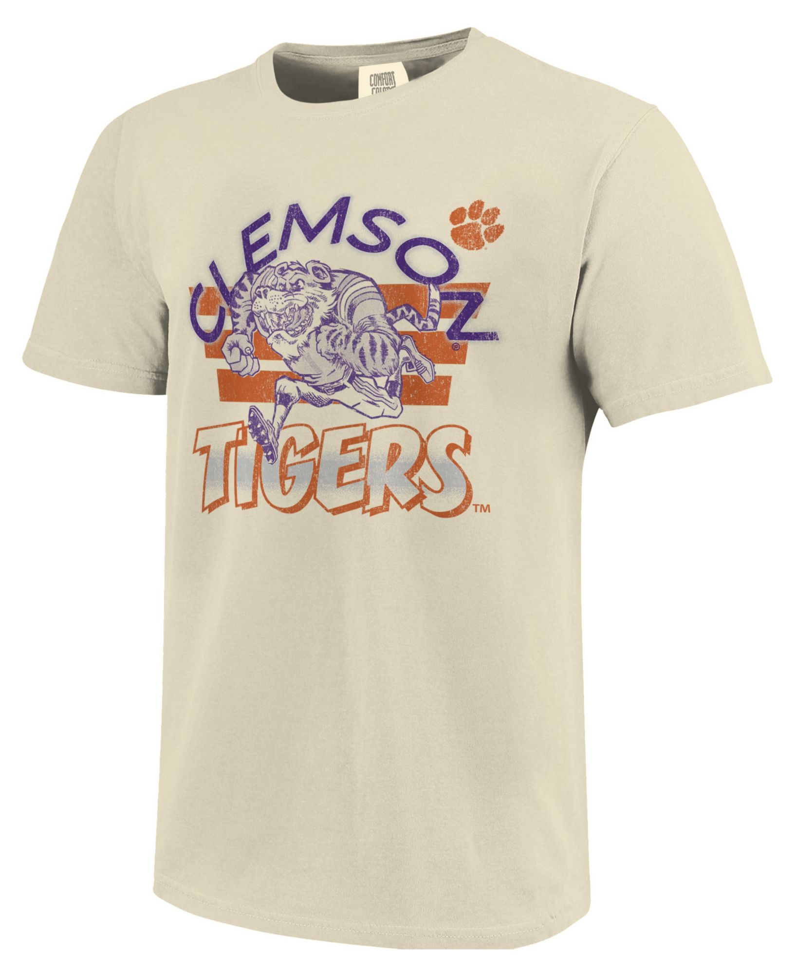 Image One Men's Clemson Tigers Ivory Triple Stripe Overlay T-Shirt