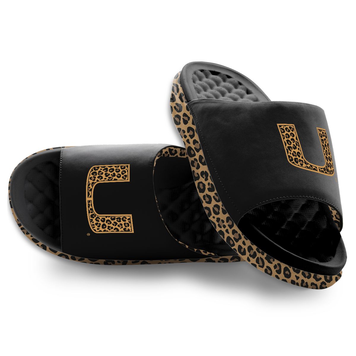 ISlide Women's Miami Hurricanes Cheetah Dip Motive Slide Sandals