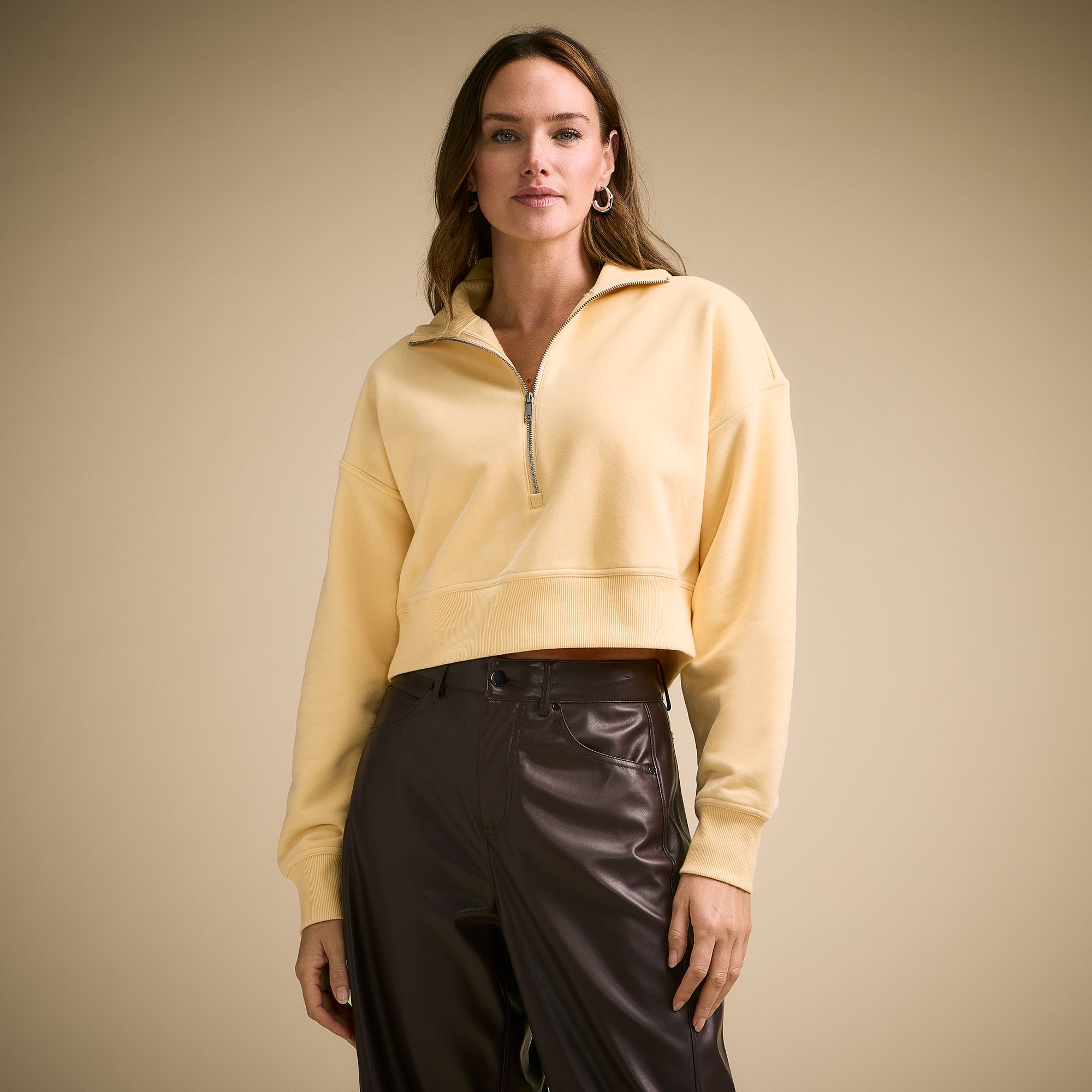 CALIA Women's Washed Cotton Fleece Cropped 1/2 Zip, Medium, Butter Melt