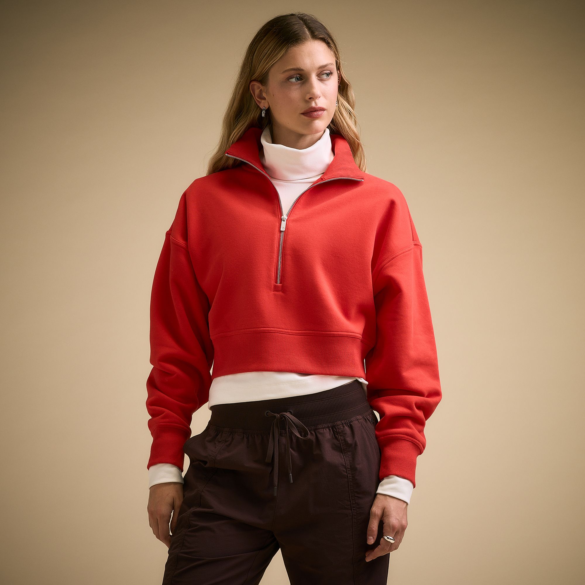 CALIA Women's Washed Cotton Fleece Cropped Half Zip, Medium, Candy Red