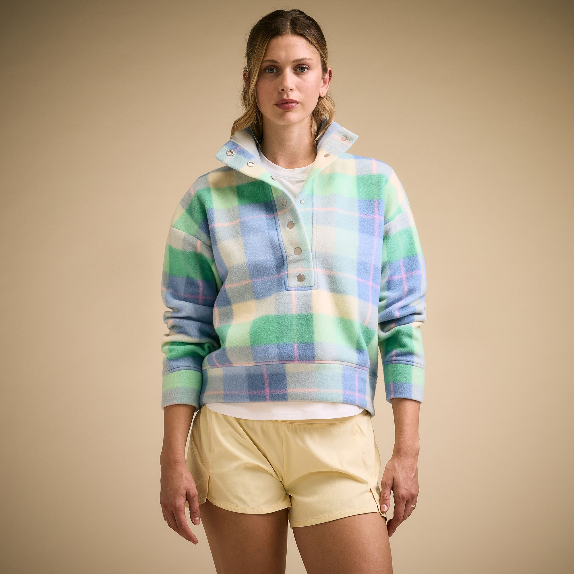 CALIA Women's Elevate Henley Pullover, XL, Blue Multi Plaid Plush