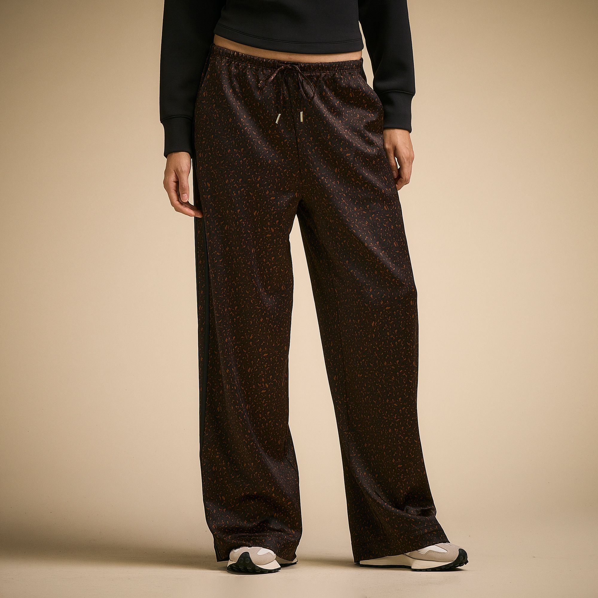 CALIA Women's Satin Wide Leg Track Pant, Large, Leopard Print