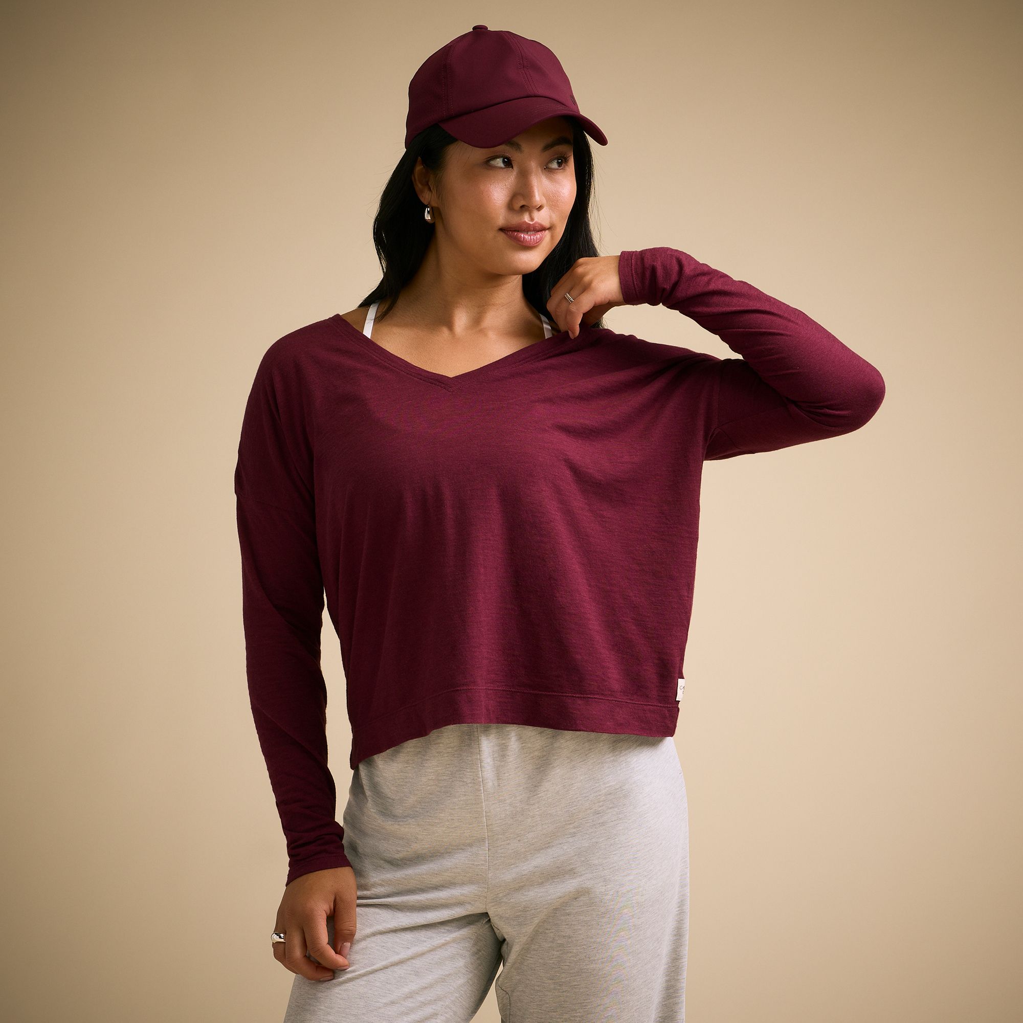 CALIA Women's Everyday Slub V-Neck Long Sleeve Tee