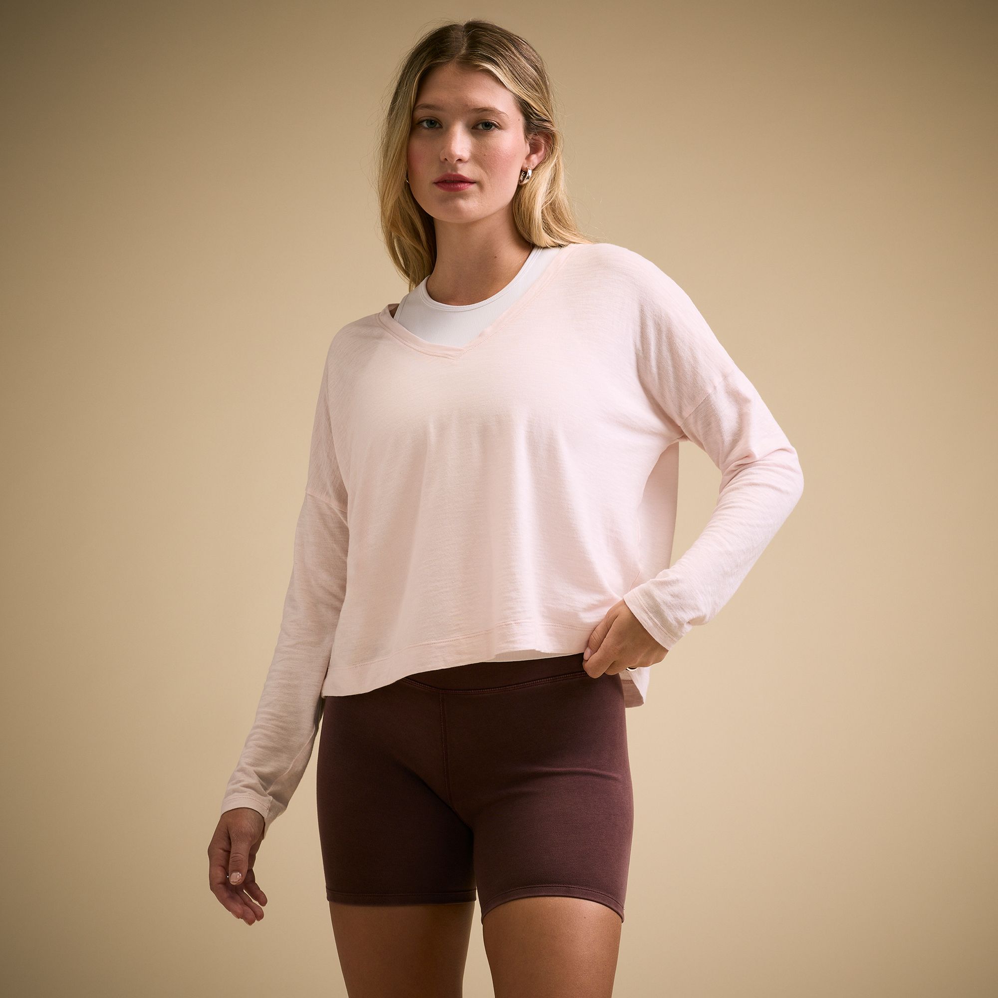 CALIA Women's Everyday Slub V-Neck Long Sleeve Tee