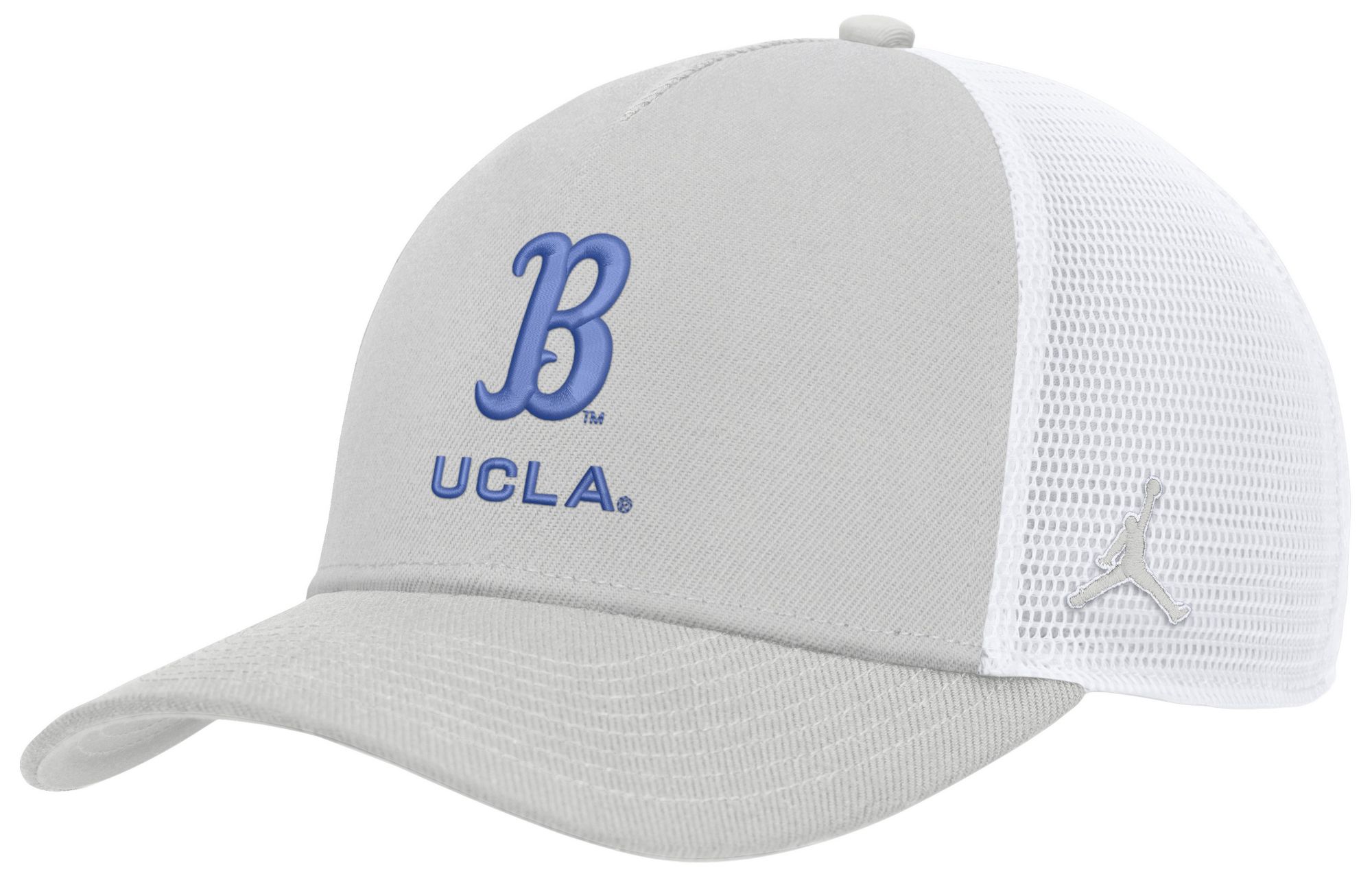Jordan Adult UCLA Bruins Gray and White Rise Game Day 5 Panel Structured Trucker Hat
