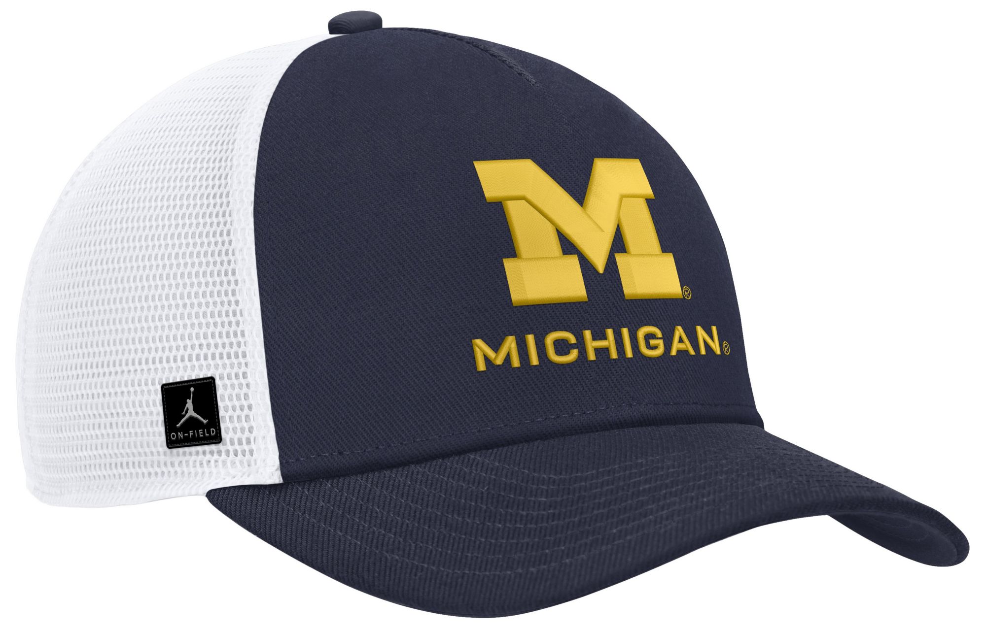 Jordan Adult Michigan Wolverines Navy and White Rise Game Day 5 Panel Structured Trucker Hat