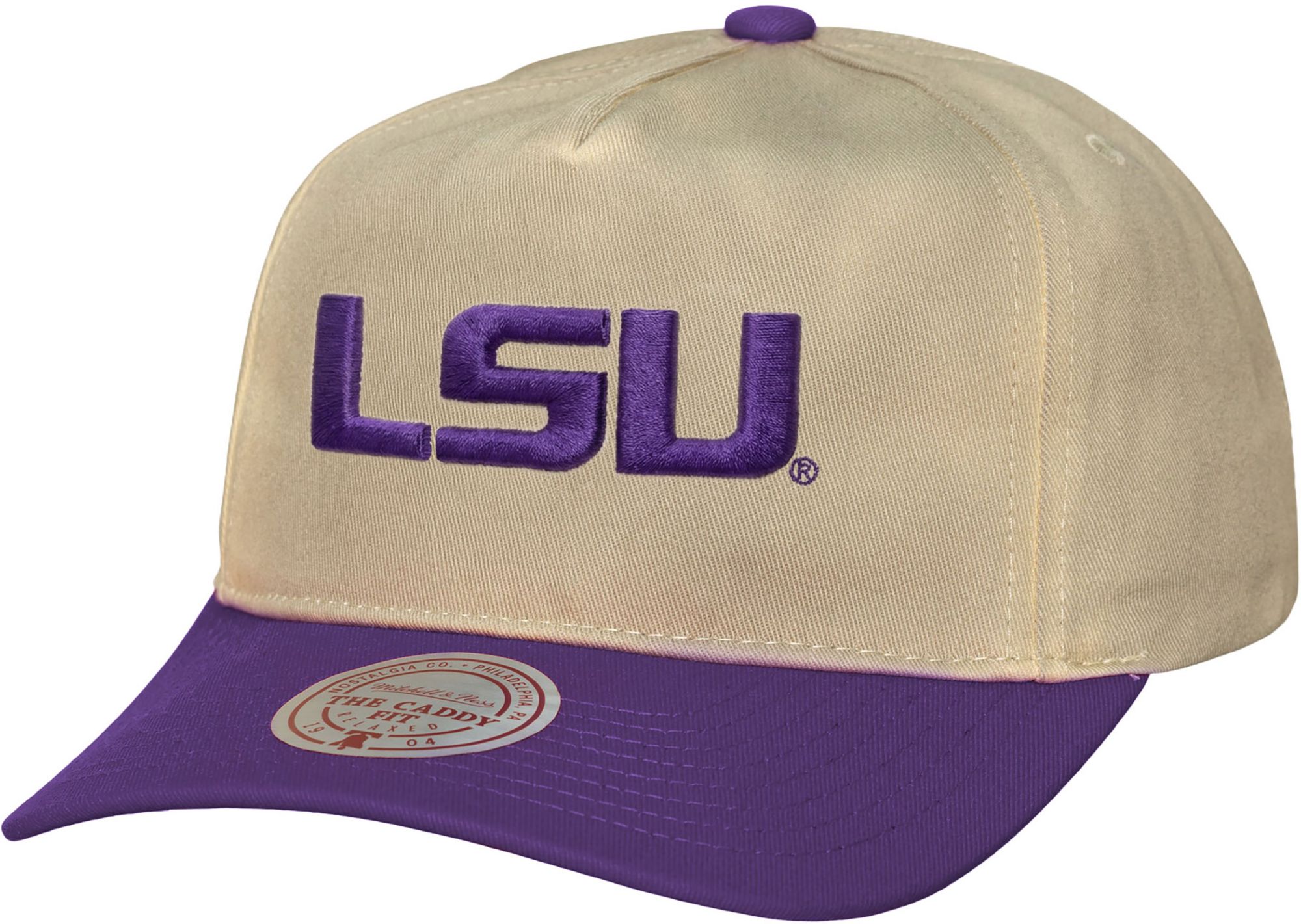 Mitchell &amp; Ness Adult LSU Tigers Off White and Purple Retro Roots Caddy Adjustable Hat