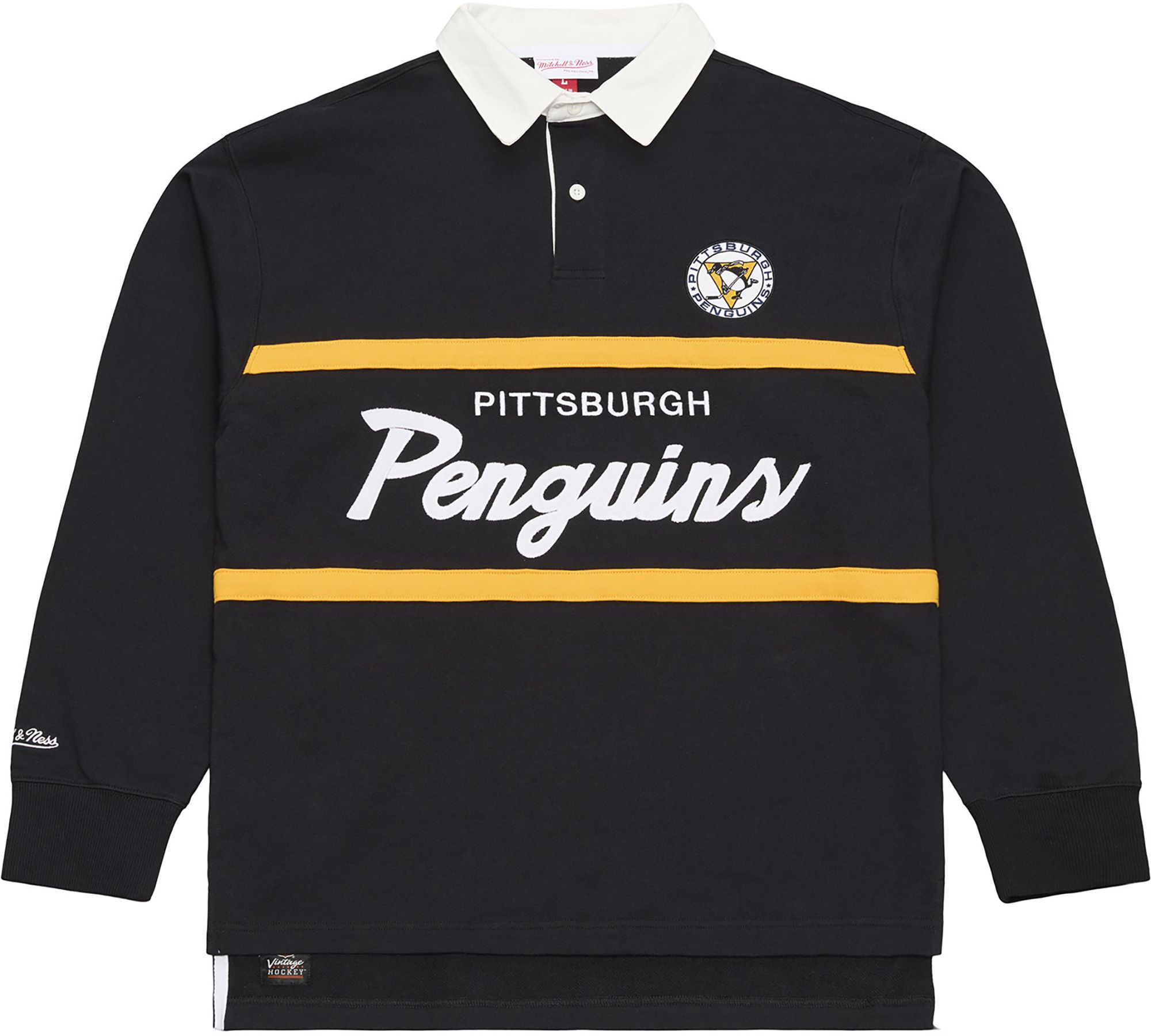 Mitchell & Ness Men's Pittsburgh Penguins Hockey Club Rugby Polo, Small, Black