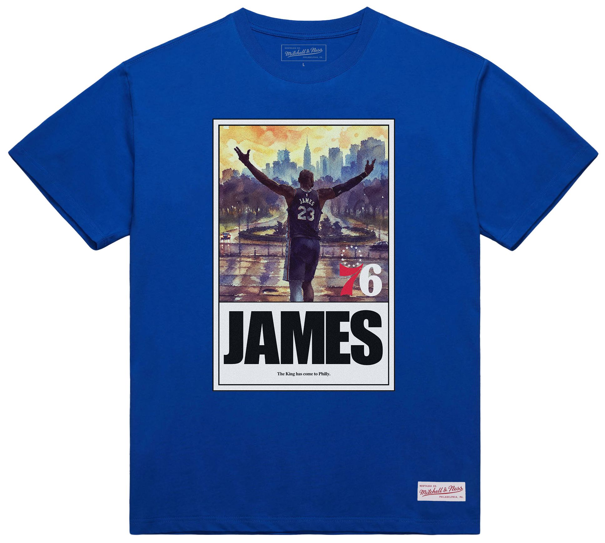 Mitchell & Ness Men's Philadelphia 76ers Lebron James Royal King Arrived T-Shirt
