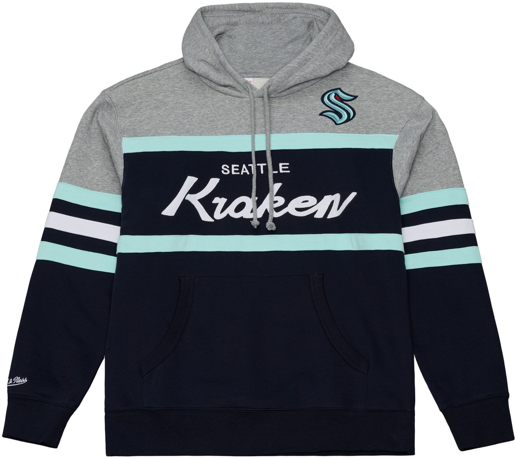Mitchell & Ness Men's Seattle Kraken Navy and Grey Head Coach Pullover Hoodie
