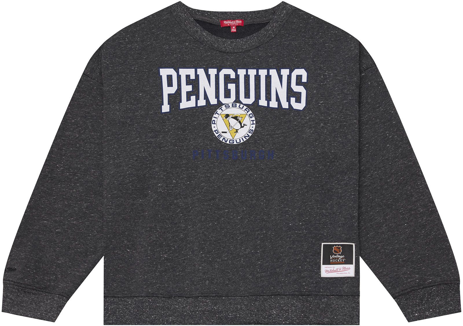 Mitchell & Ness Women's Pittsburgh Penguins Dark Grey Snow Wash Fleece Crewneck Sweatshirt, XL, Gray