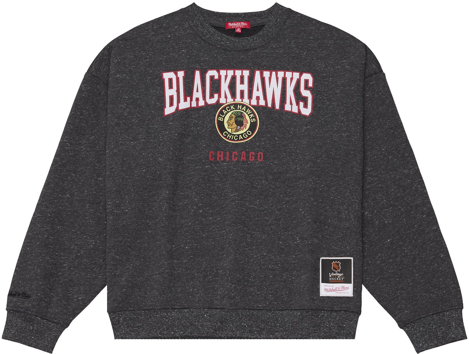 Mitchell & Ness Women's Chicago Blackhawks Dark Grey Snow Wash Fleece Crewneck Sweatshirt, XL, Gray