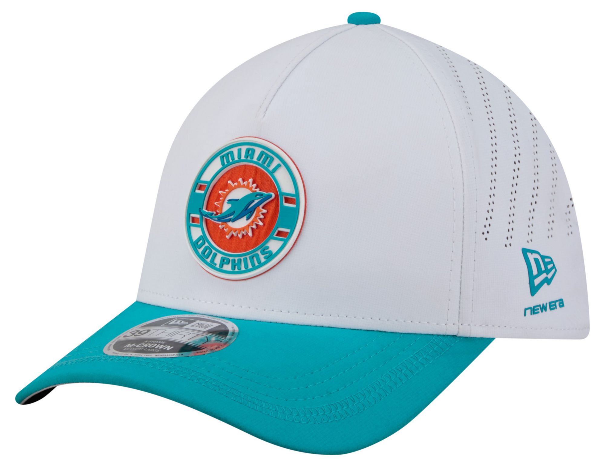 New Era Adult Miami Dolphins White A-Frame Patch 39Thirty Stretch Fit Hat