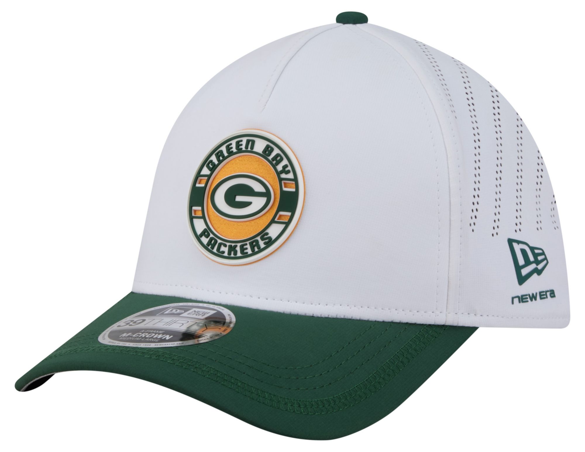 New Era Adult Green Bay Packers White A-Frame Patch 39Thirty Stretch Fit Hat