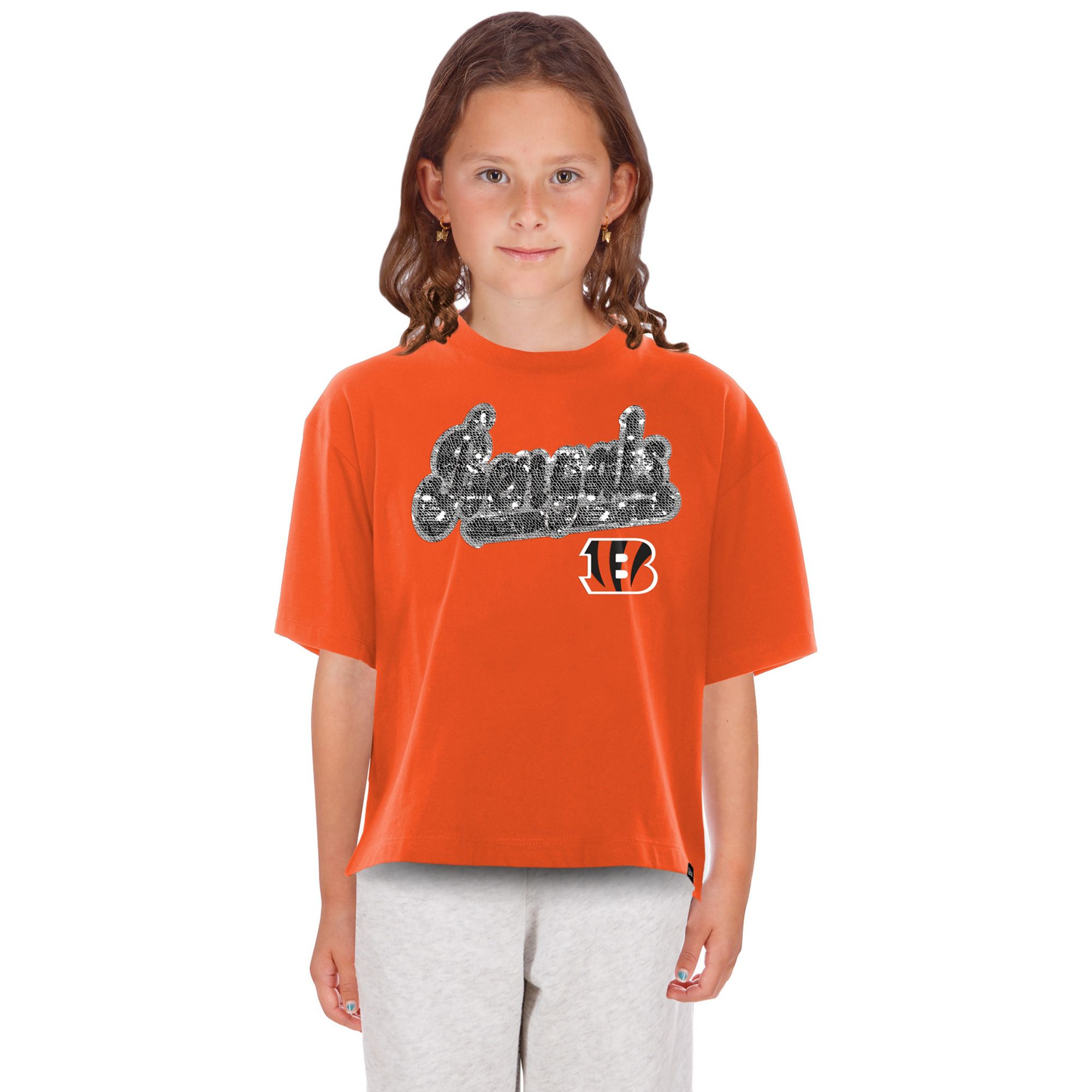 New Era Girls' Cincinnati Bengals Orange Flip Sequin T-Shirt