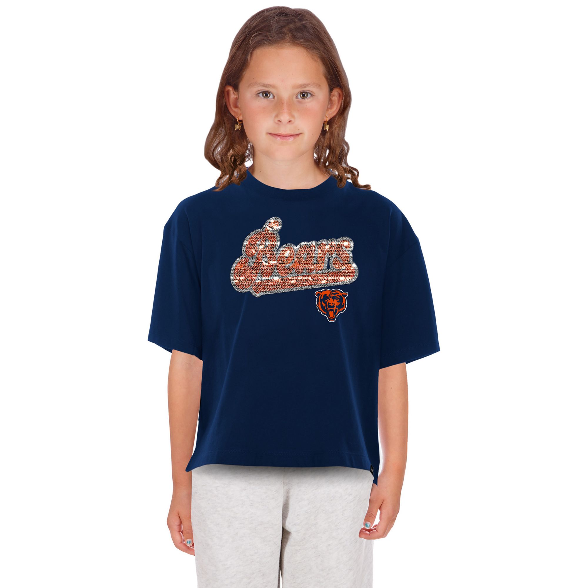 New Era Girls' Chicago Bears Navy Flip Sequin T-Shirt