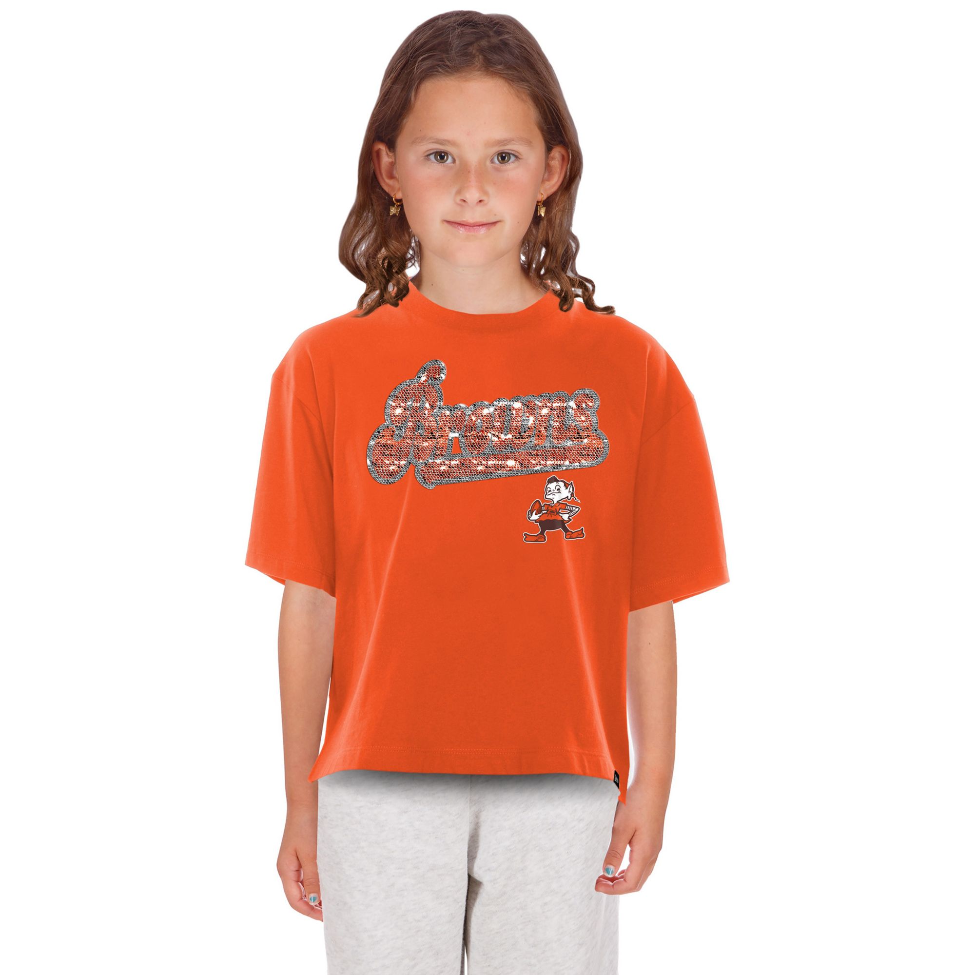 New Era Girls' Cleveland Browns Orange Flip Sequin T-Shirt