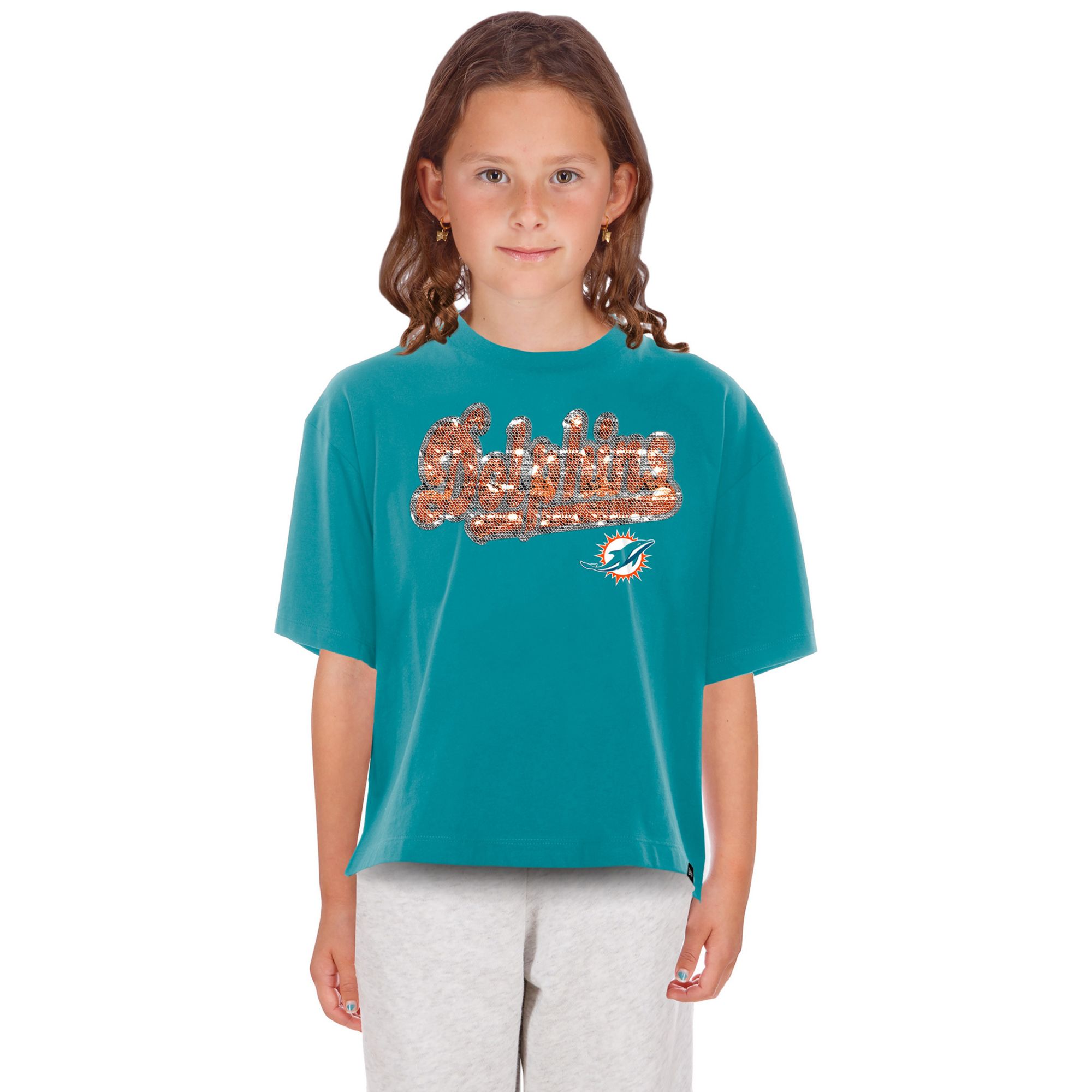 New Era Girls' Miami Dolphins Turquoise Flip Sequin T-Shirt