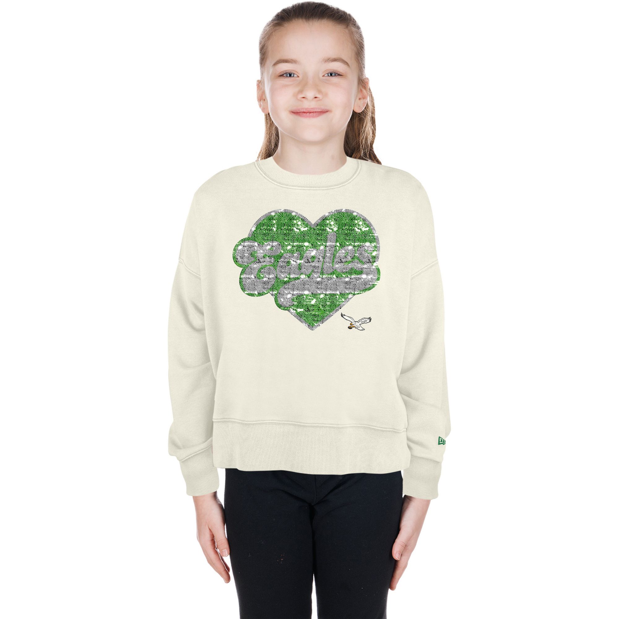 New Era Girls' Philadelphia Eagles Cream Sequin Crewneck Sweatshirt
