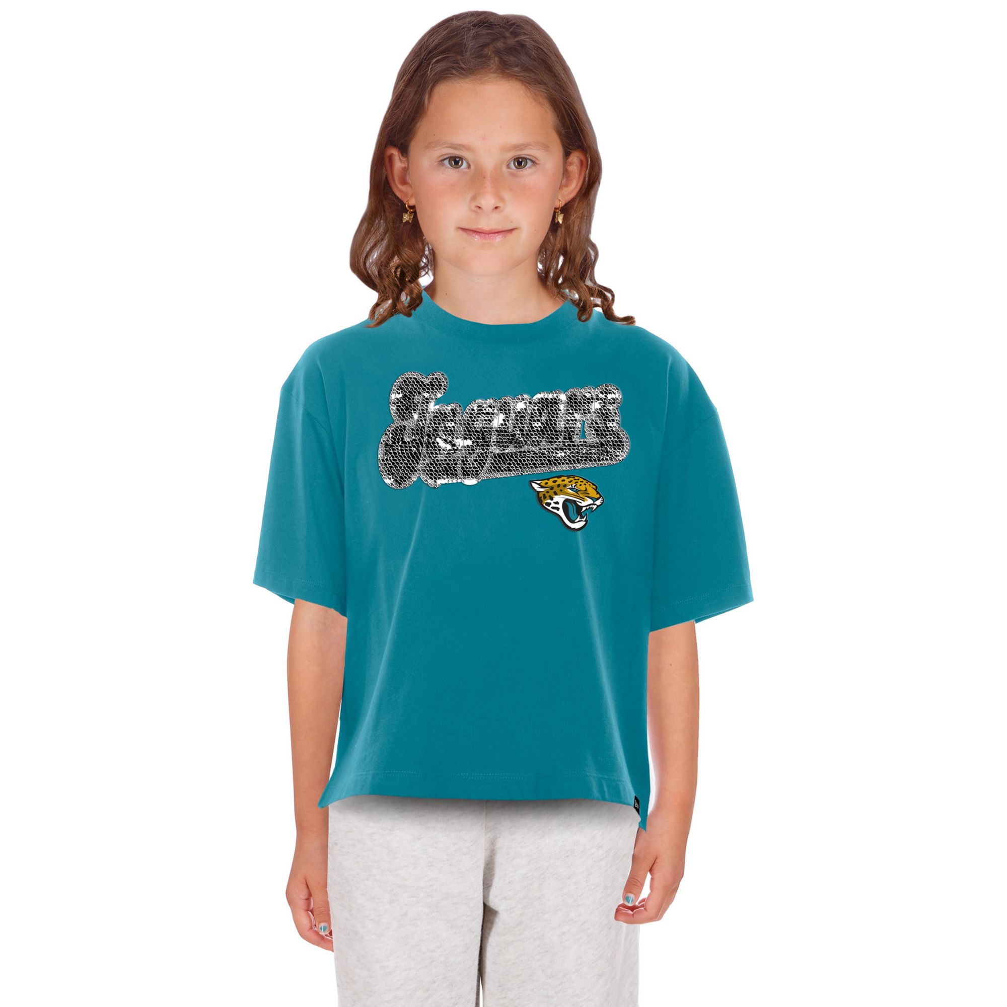 New Era Girls' Jacksonville Jaguars Turquoise Flip Sequin T-Shirt
