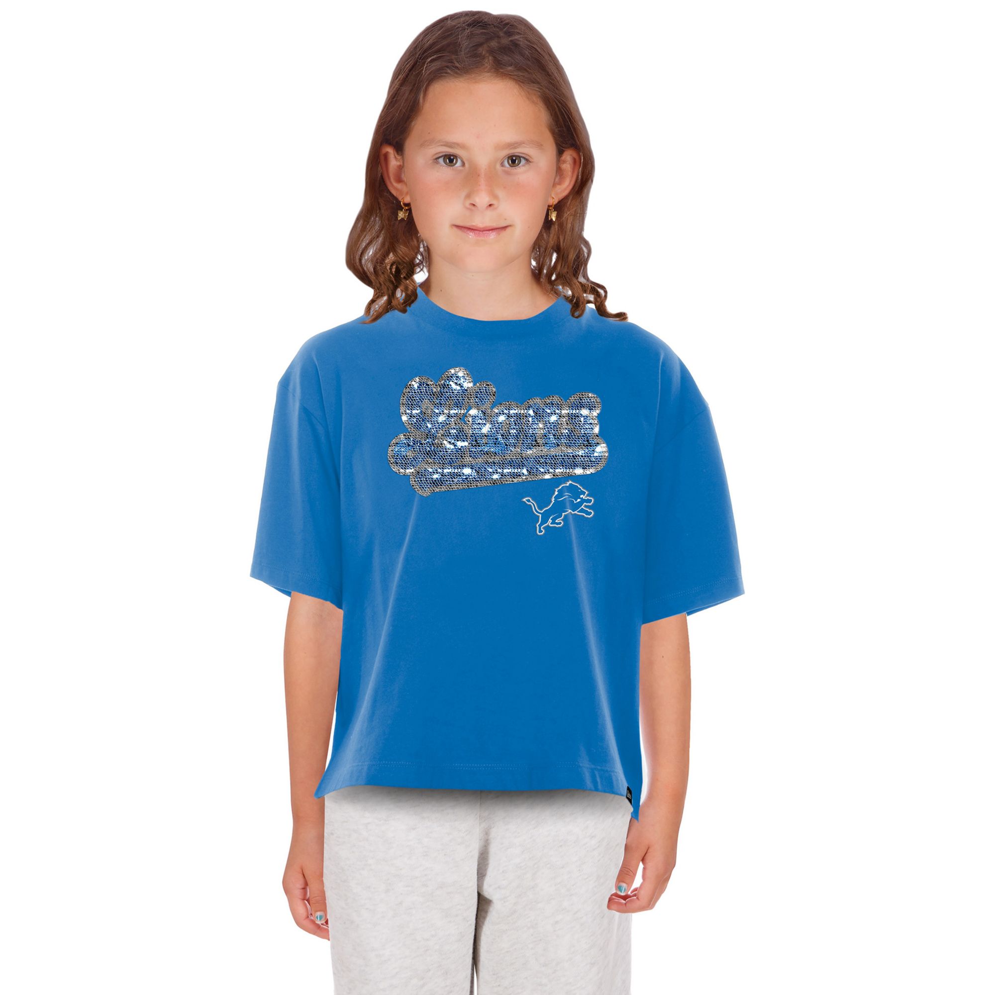 New Era Girls' Detroit Lions Blue Flip Sequin T-Shirt