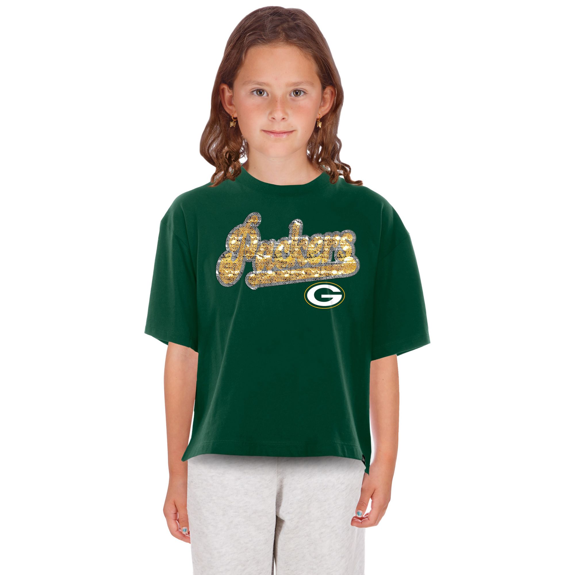 New Era Girls' Green Bay Packers Green Flip Sequin T-Shirt