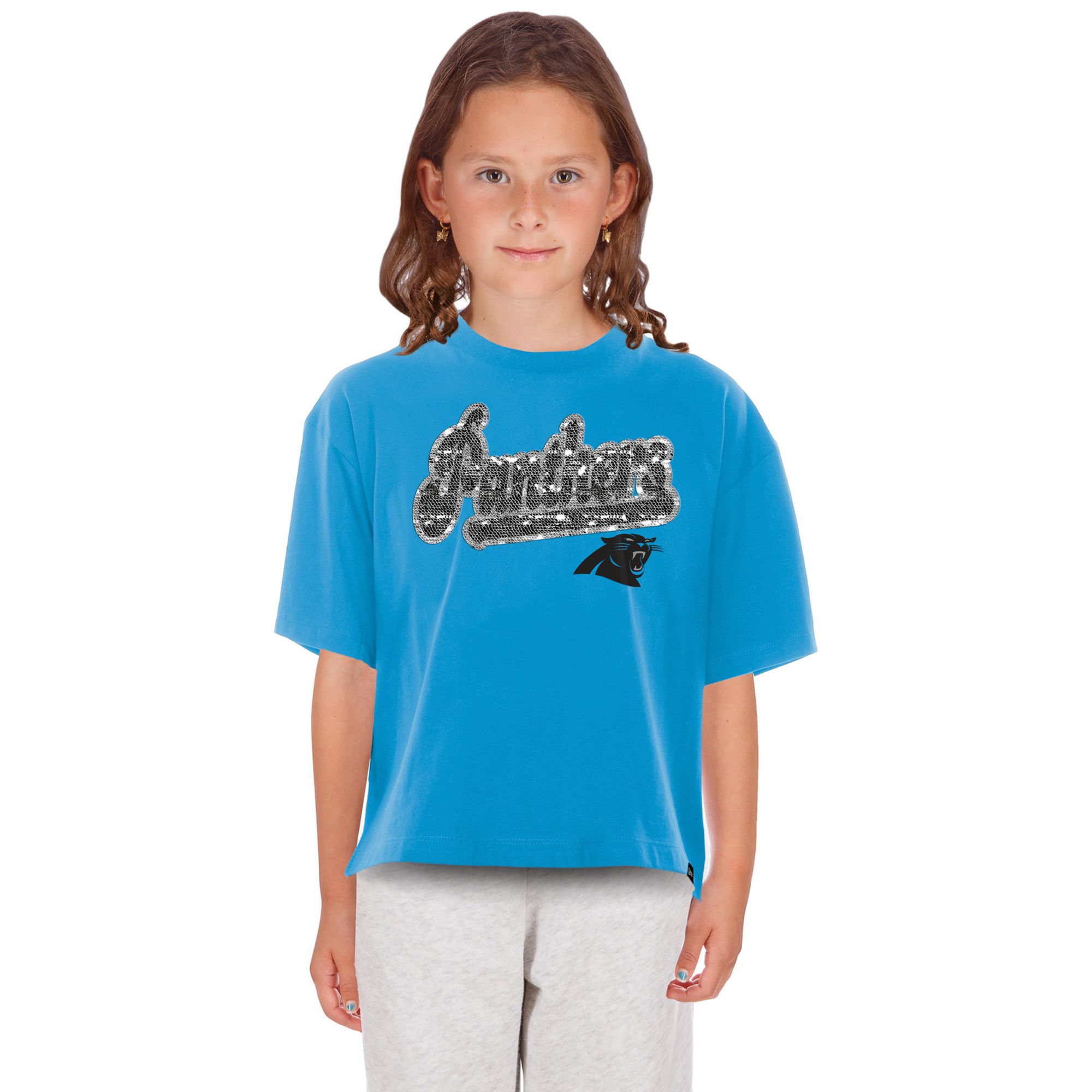 New Era Girls' Carolina Panthers Medium Blue Flip Sequin T-Shirt